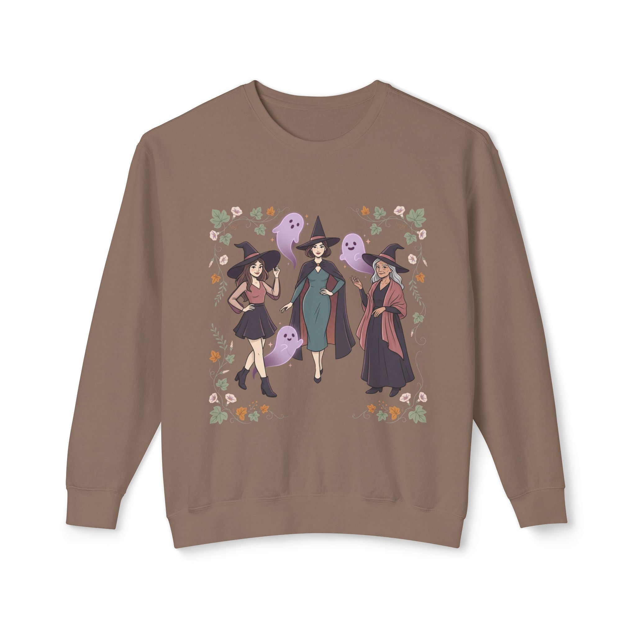 Three Witches with Ghosts Sweatshirt | Halloween Witch Trio, Autumn Leaves