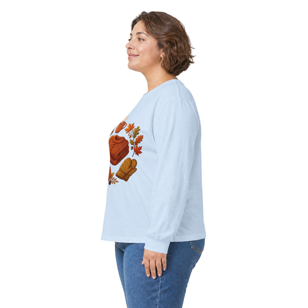 Autumn Cozy Comfort Long Sleeve Tee — Pumpkin, Sweater & Hot Drink Fall Design