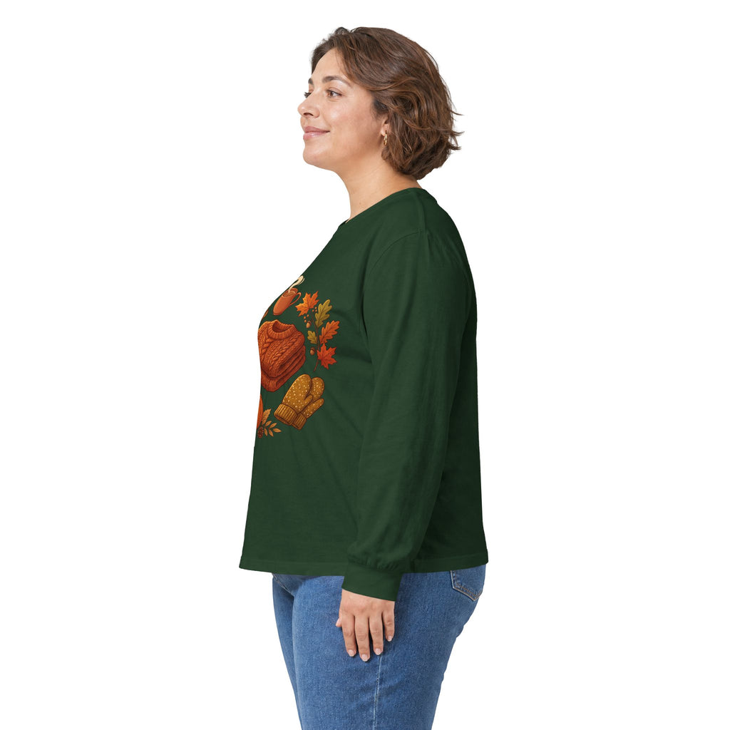 Autumn Cozy Comfort Long Sleeve Tee — Pumpkin, Sweater & Hot Drink Fall Design