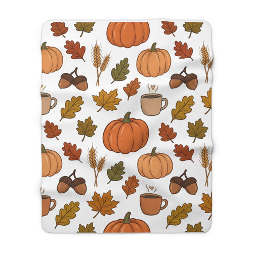 Autumn Pumpkins Leaves Coffee Pattern Sherpa Fleece Blanket