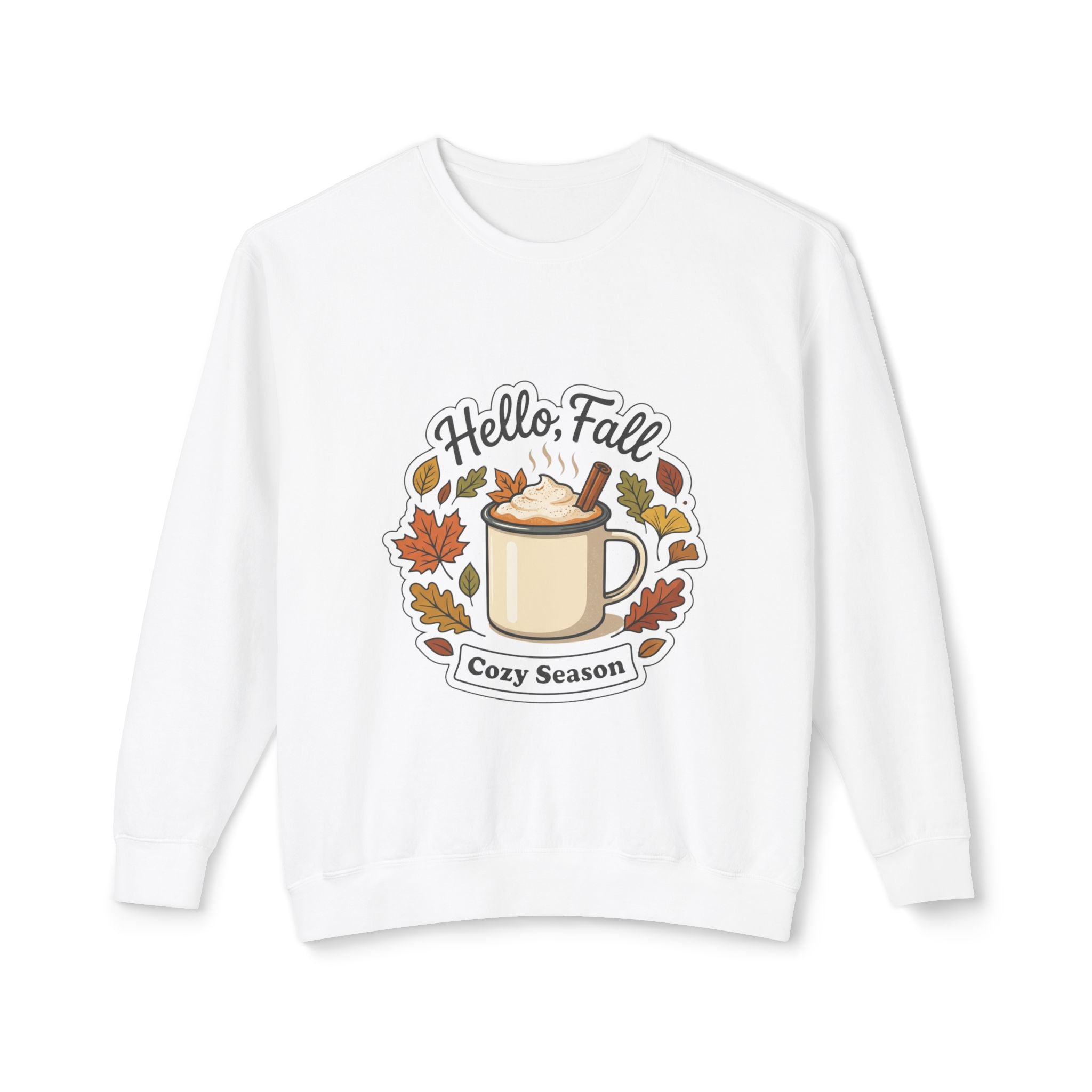 Hello Fall Cozy Season mug illustration Sweatshirt | Autumn leaves, pumpkin spice