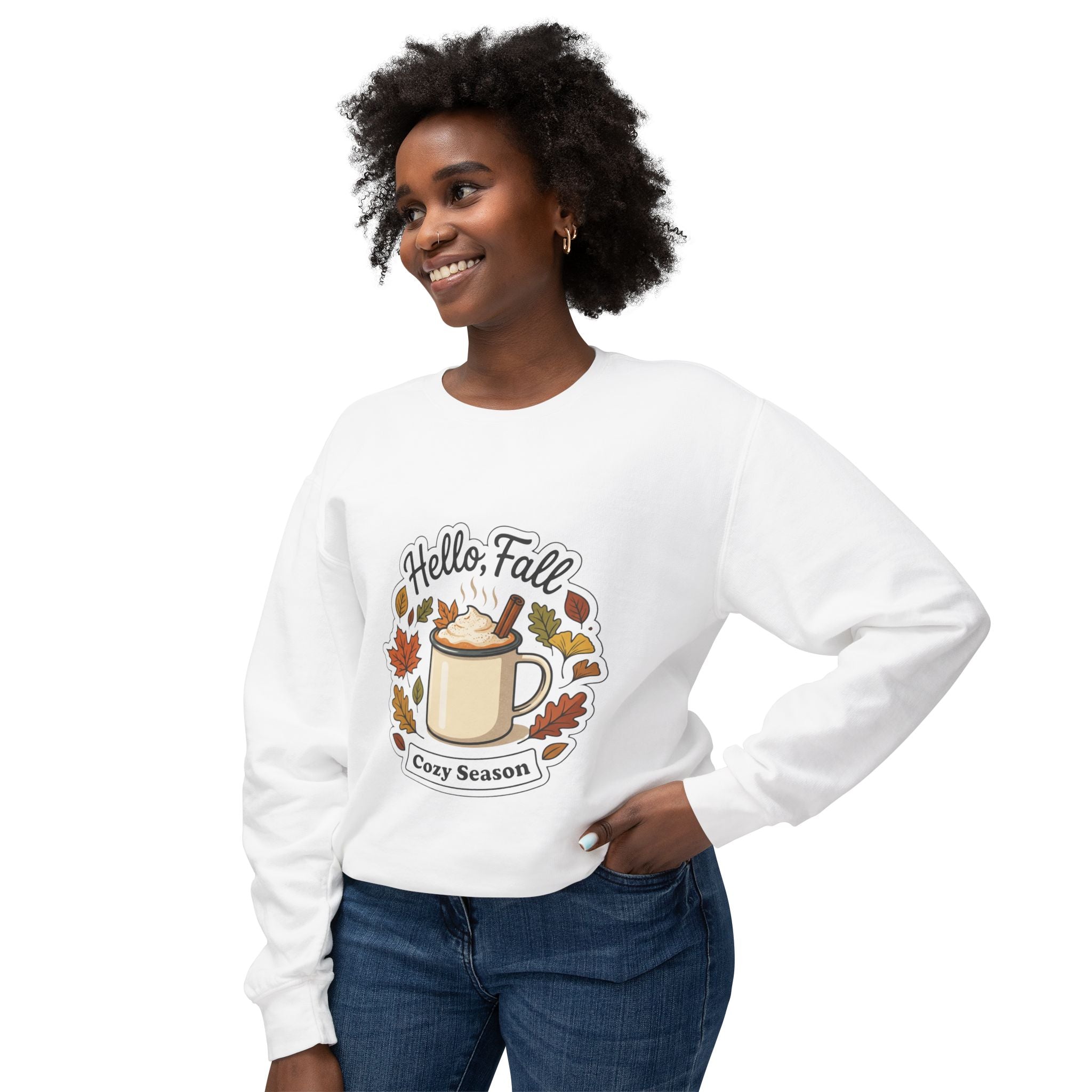Hello Fall Cozy Season mug illustration Sweatshirt | Autumn leaves, pumpkin spice