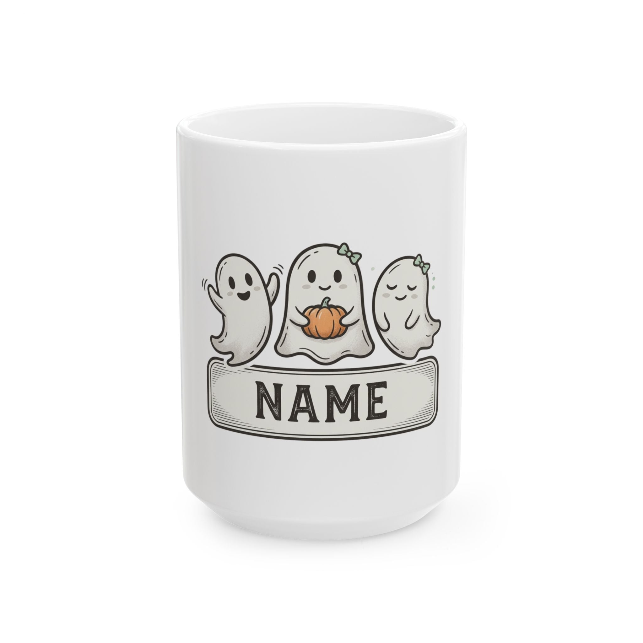Personalized Halloween Ghost Mug — Cute Trio with Pumpkin (Custom Name)