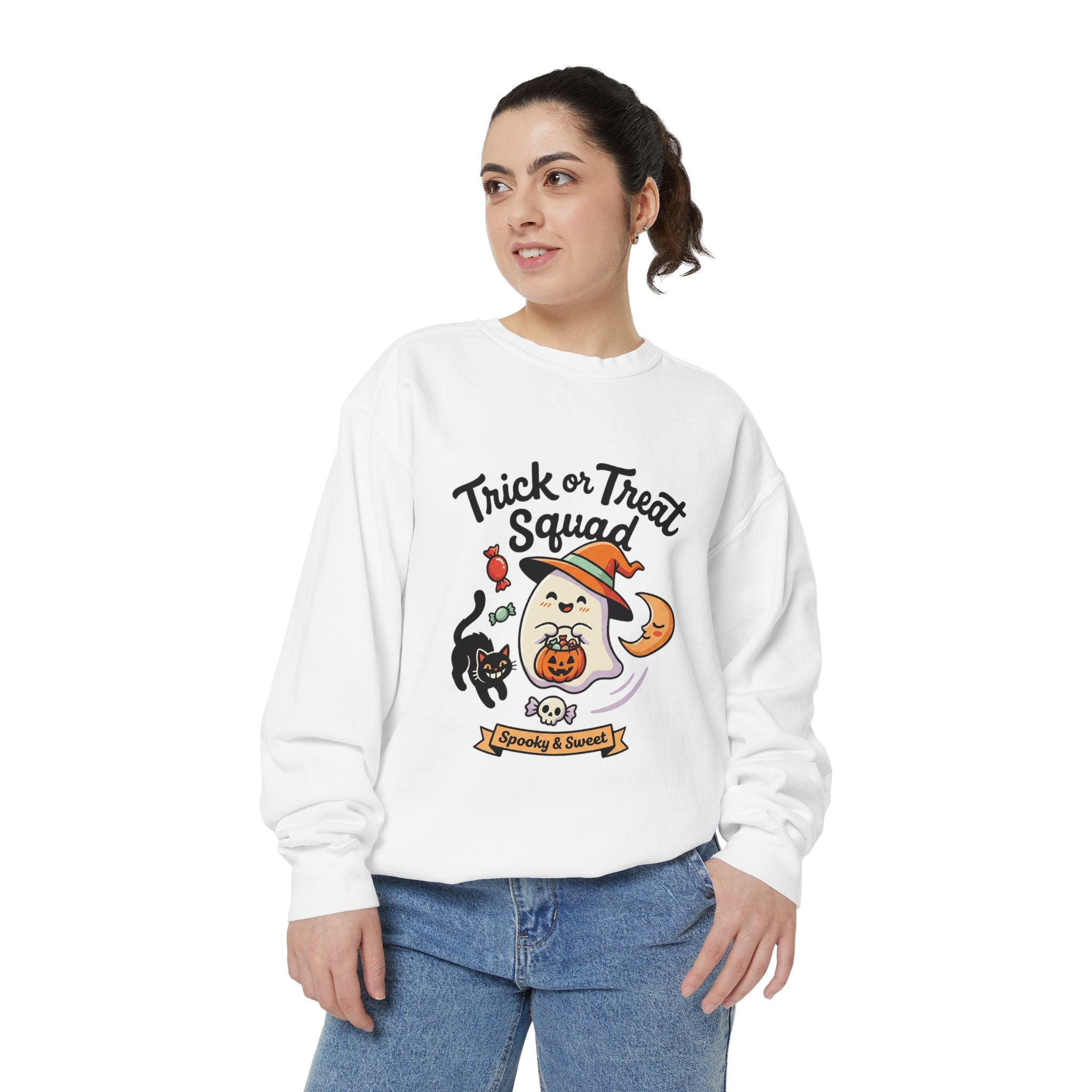 Trick or Treat Squad Sweatshirt | Halloween Ghost, Cat & Pumpkin