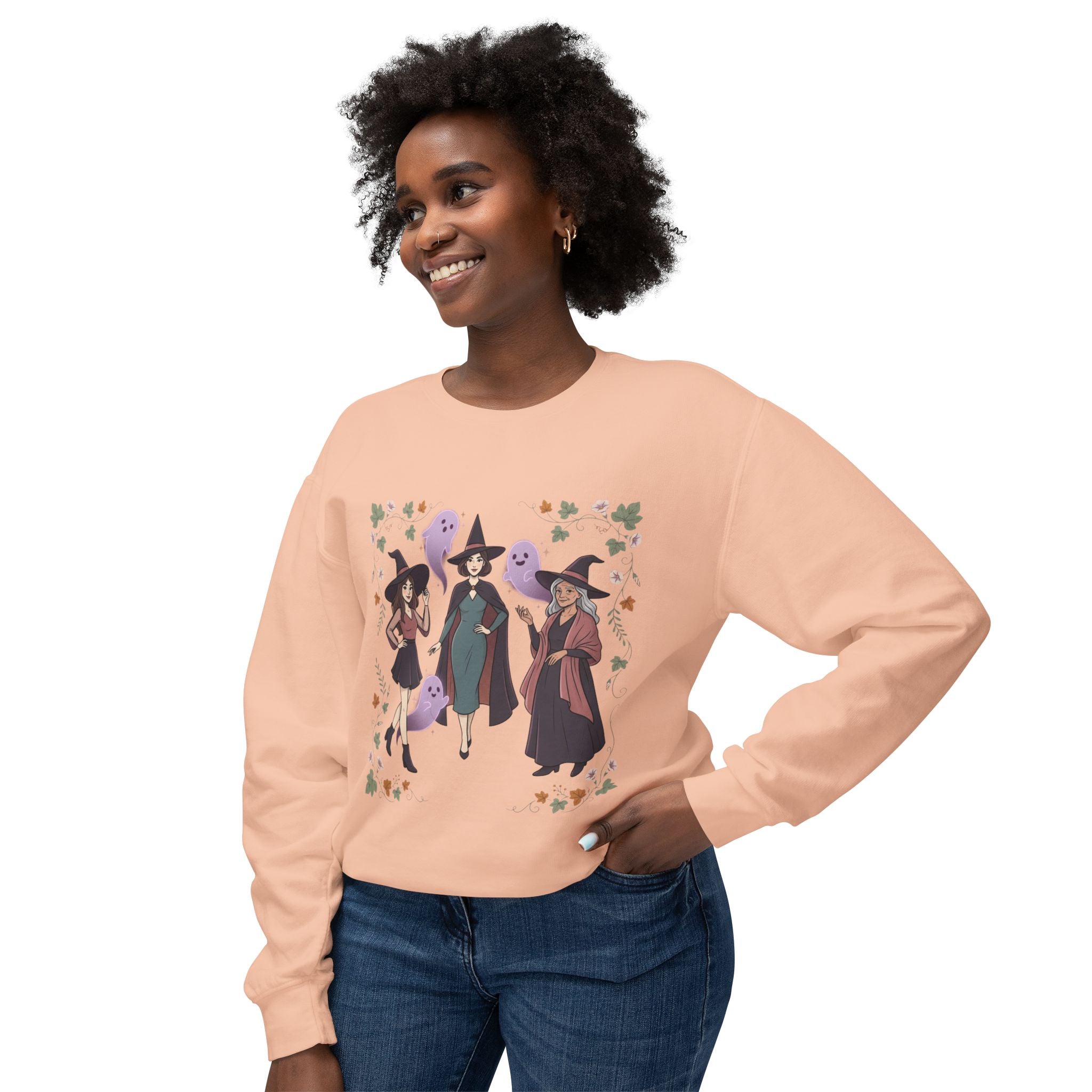 Three Witches with Ghosts Sweatshirt | Halloween Witch Trio, Autumn Leaves