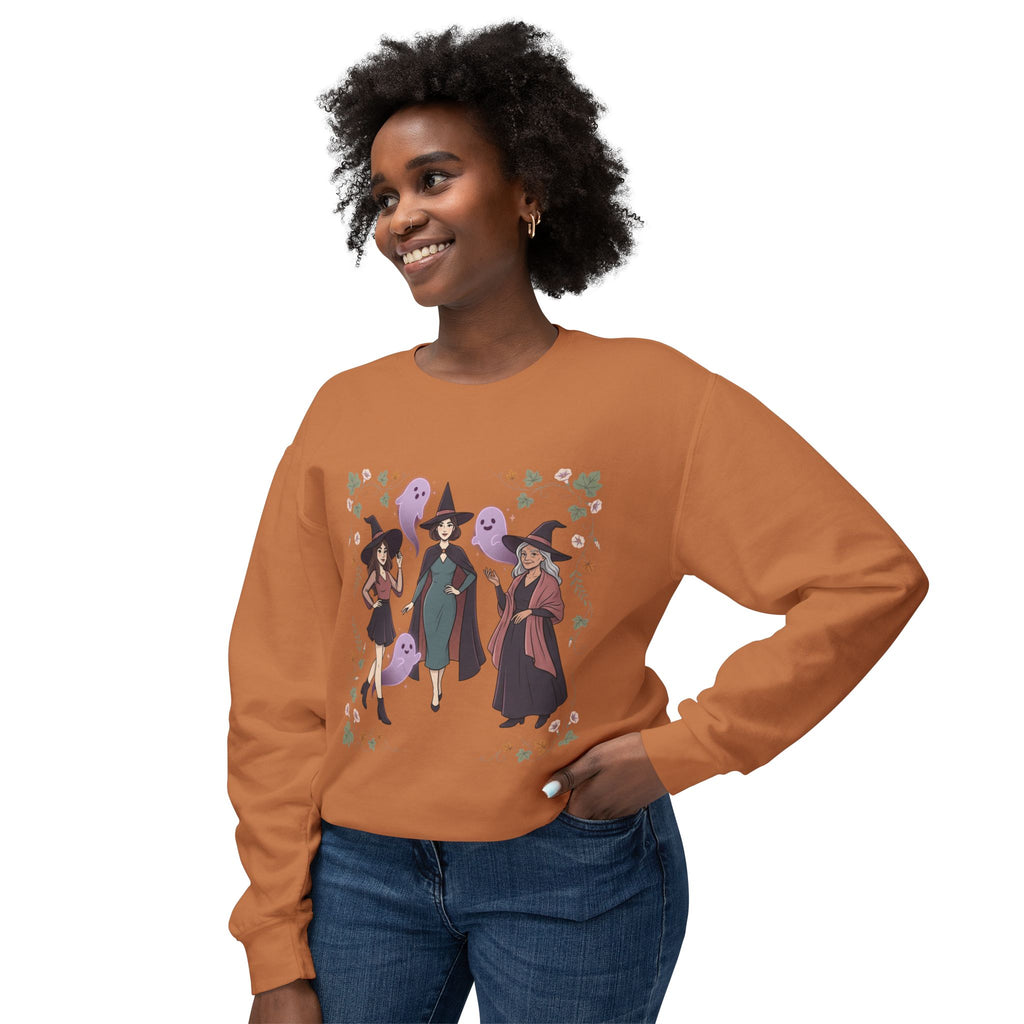 Three Witches with Ghosts Sweatshirt | Halloween Witch Trio, Autumn Leaves