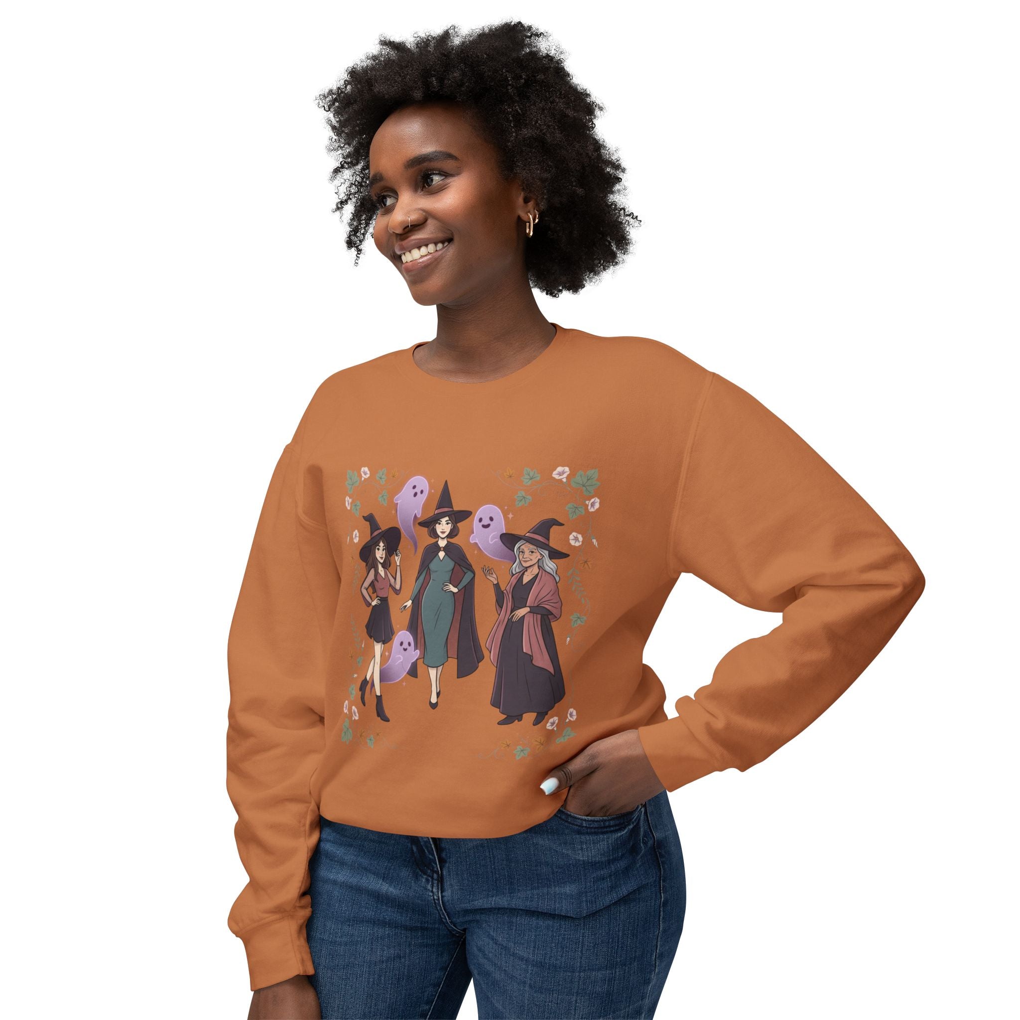 Three Witches with Ghosts Sweatshirt | Halloween Witch Trio, Autumn Leaves