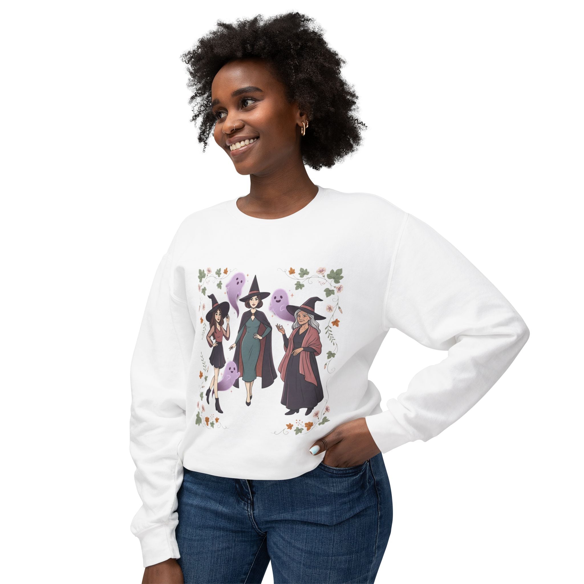Three Witches with Ghosts Sweatshirt | Halloween Witch Trio, Autumn Leaves