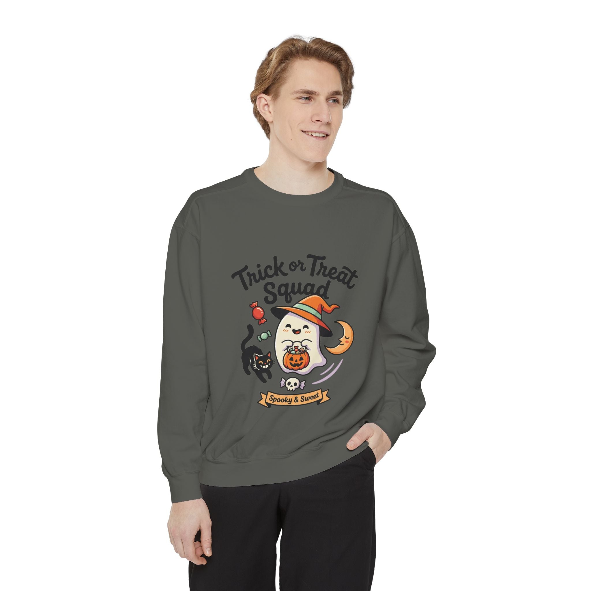 Trick or Treat Squad Sweatshirt | Halloween Ghost, Cat & Pumpkin