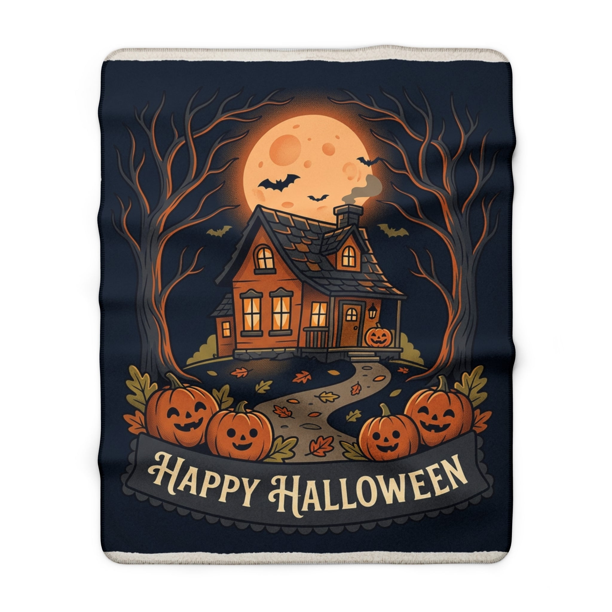 Happy Halloween Sherpa Blanket — Haunted House Pumpkin Cozy Throw