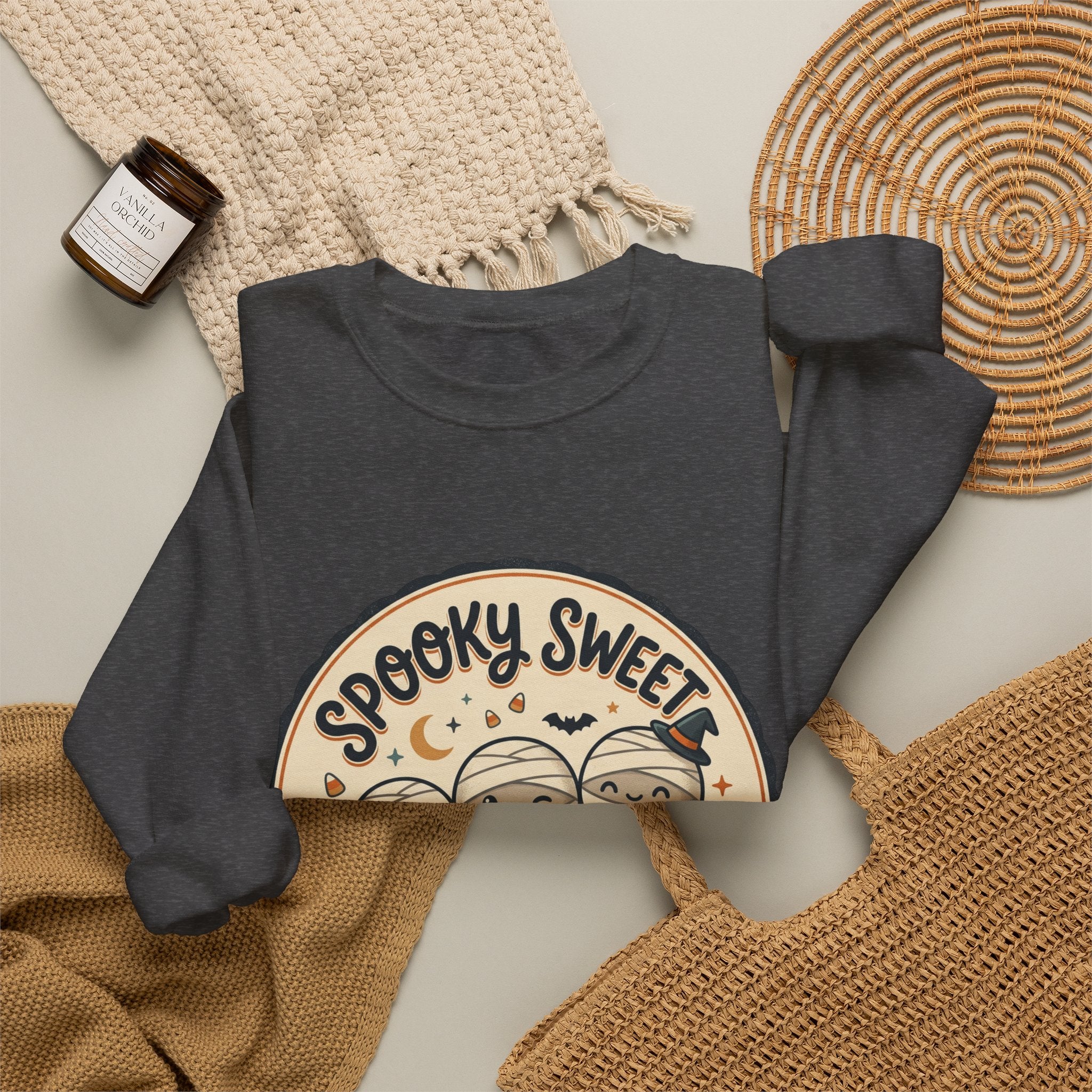 Halloween Sweatshirt — "Spooky Sweet Mummy's Treats" Cute Mummy Candy Crewneck