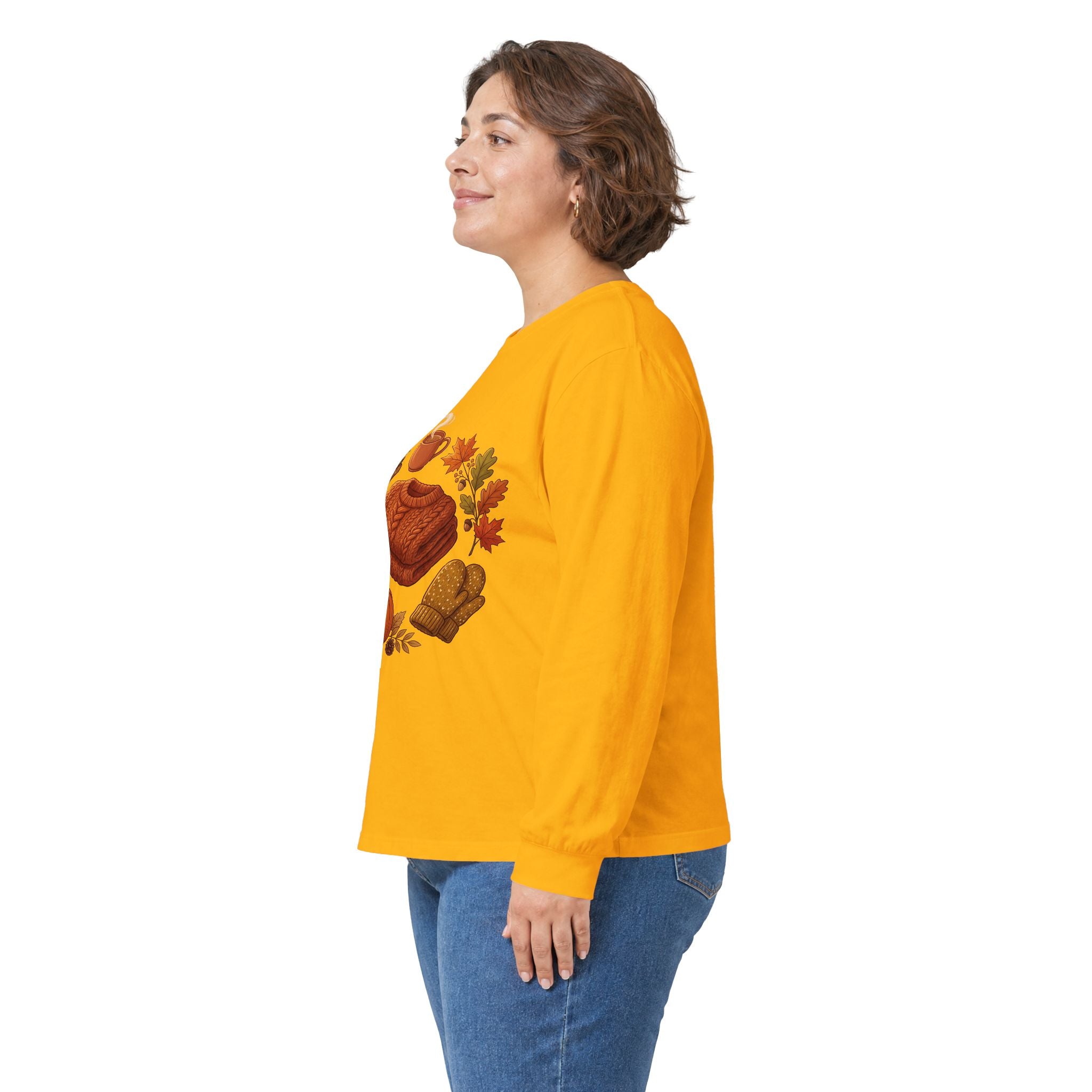 Autumn Cozy Comfort Long Sleeve Tee — Pumpkin, Sweater & Hot Drink Fall Design