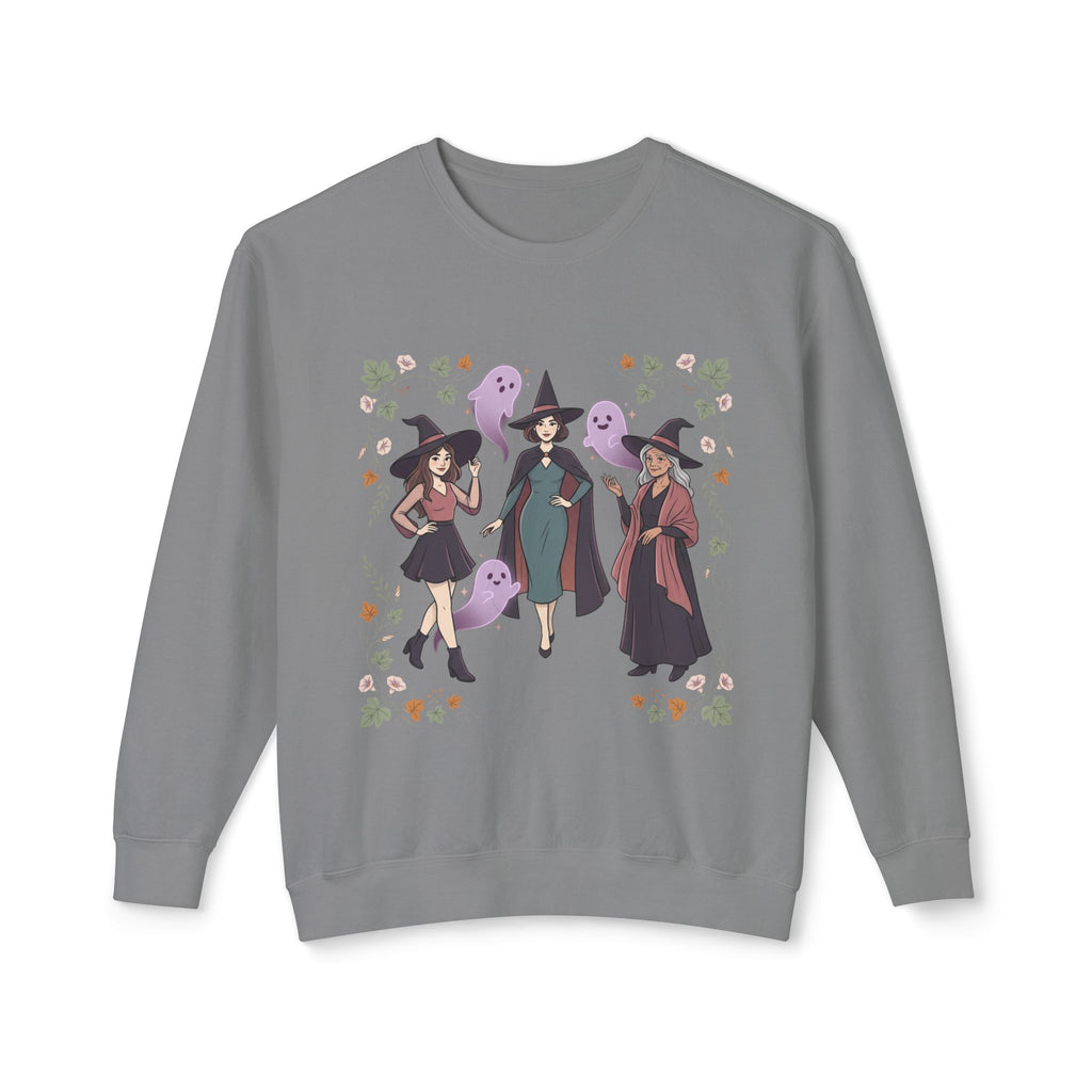 Three Witches with Ghosts Sweatshirt | Halloween Witch Trio, Autumn Leaves