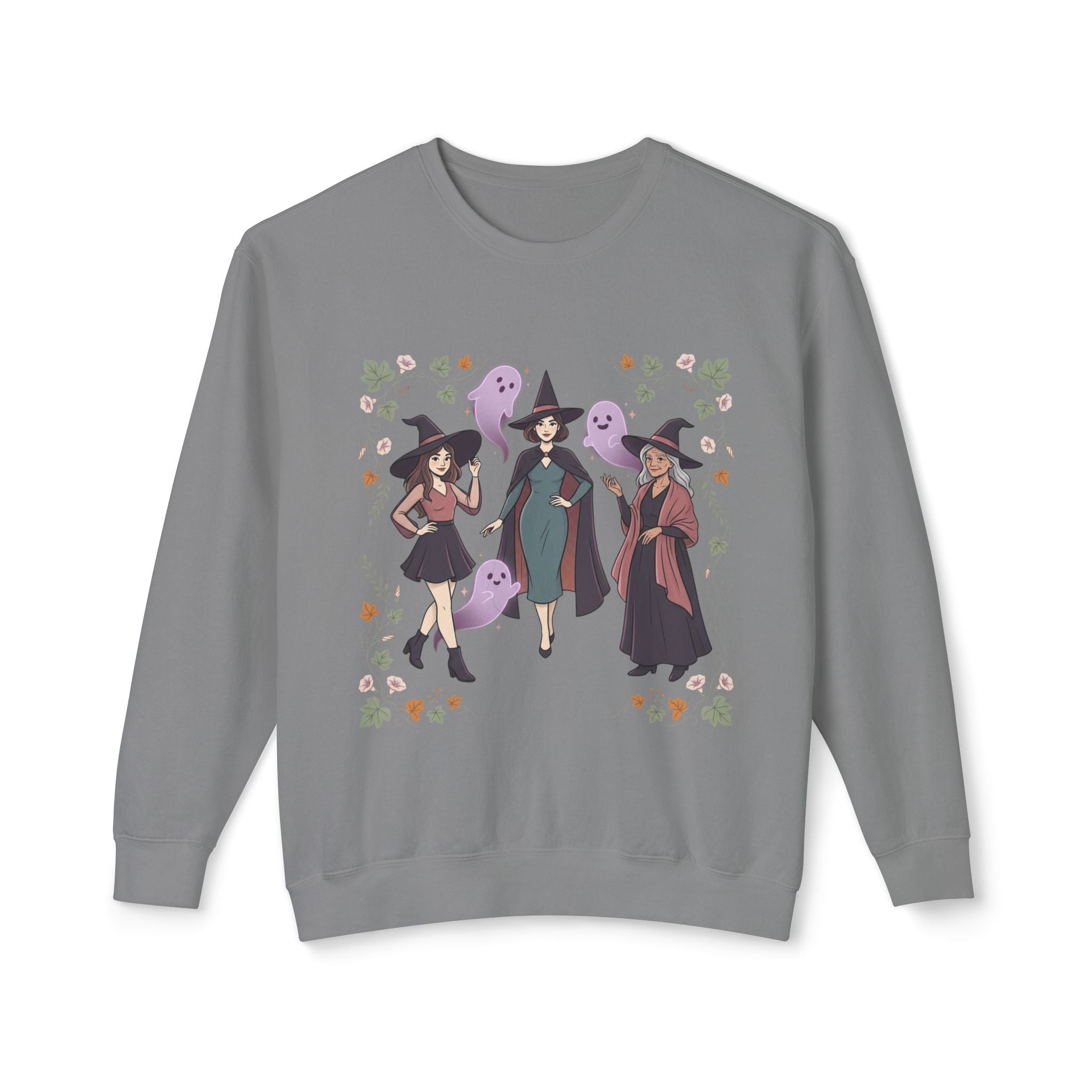 Three Witches with Ghosts Sweatshirt | Halloween Witch Trio, Autumn Leaves