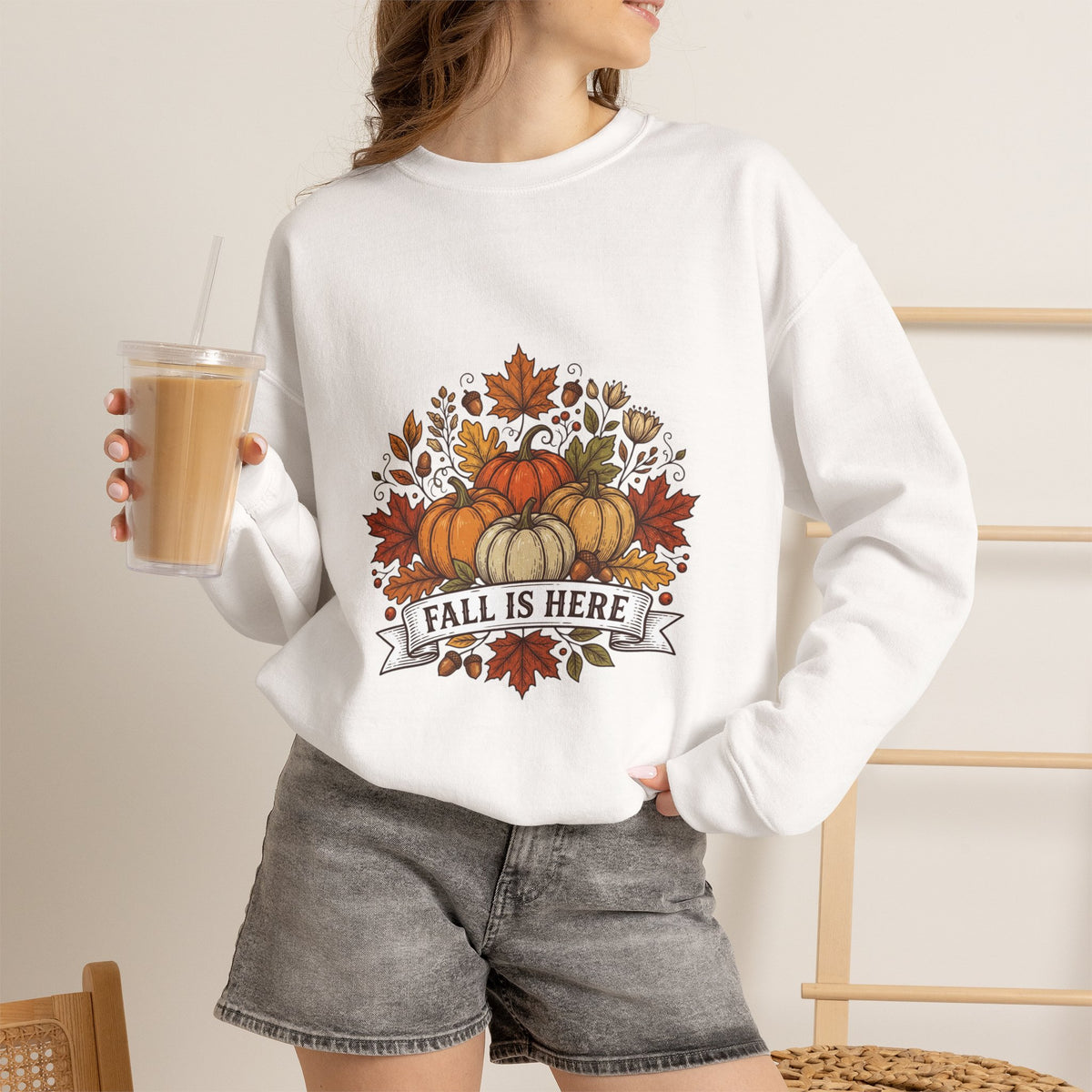 Fall Is Here Sweatshirt — Autumn Pumpkin Leaves Crewneck