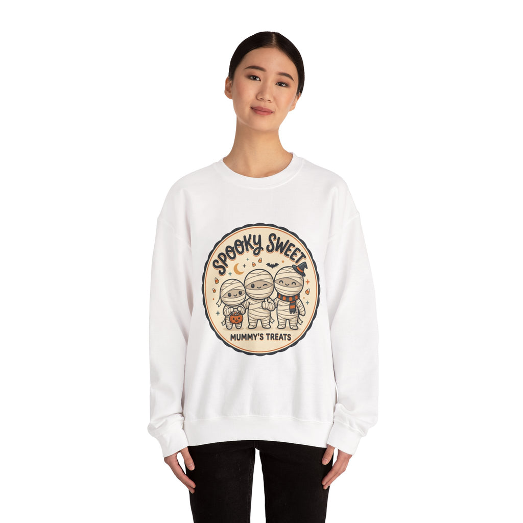 Halloween Sweatshirt — "Spooky Sweet Mummy's Treats" Cute Mummy Candy Crewneck