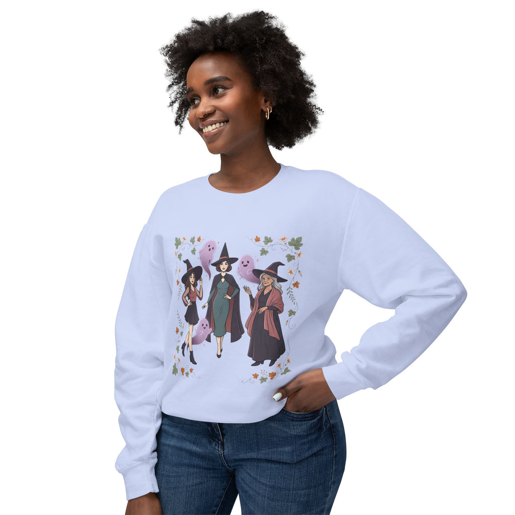 Three Witches with Ghosts Sweatshirt | Halloween Witch Trio, Autumn Leaves