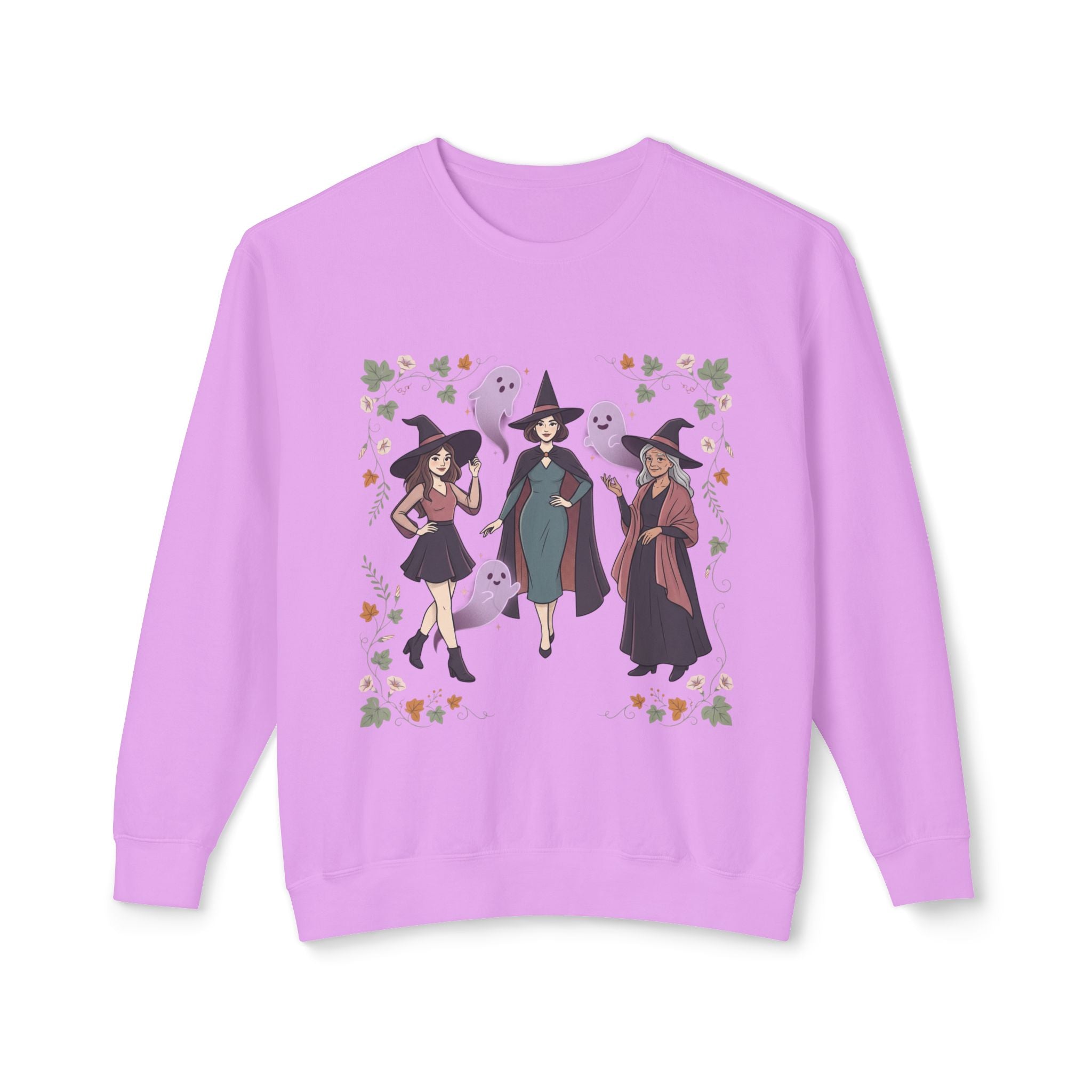 Three Witches with Ghosts Sweatshirt | Halloween Witch Trio, Autumn Leaves