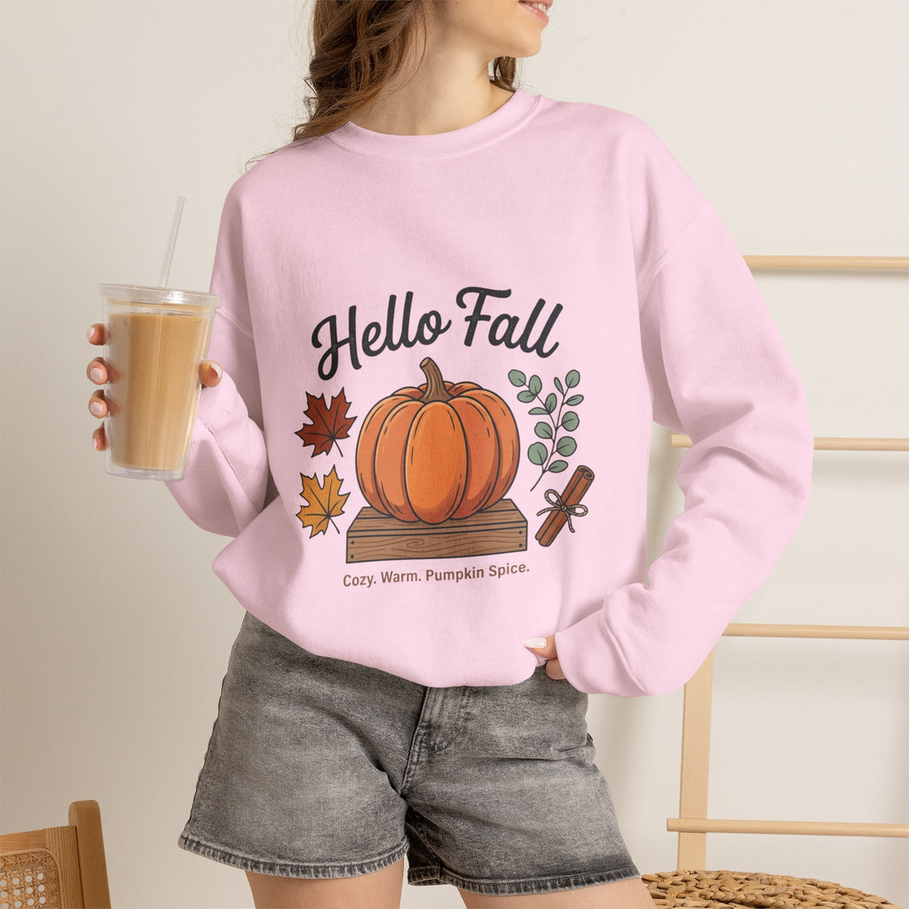 Hello Fall Pumpkin Design Sweatshirt | Autumn Leaves Cinnamon Sticks