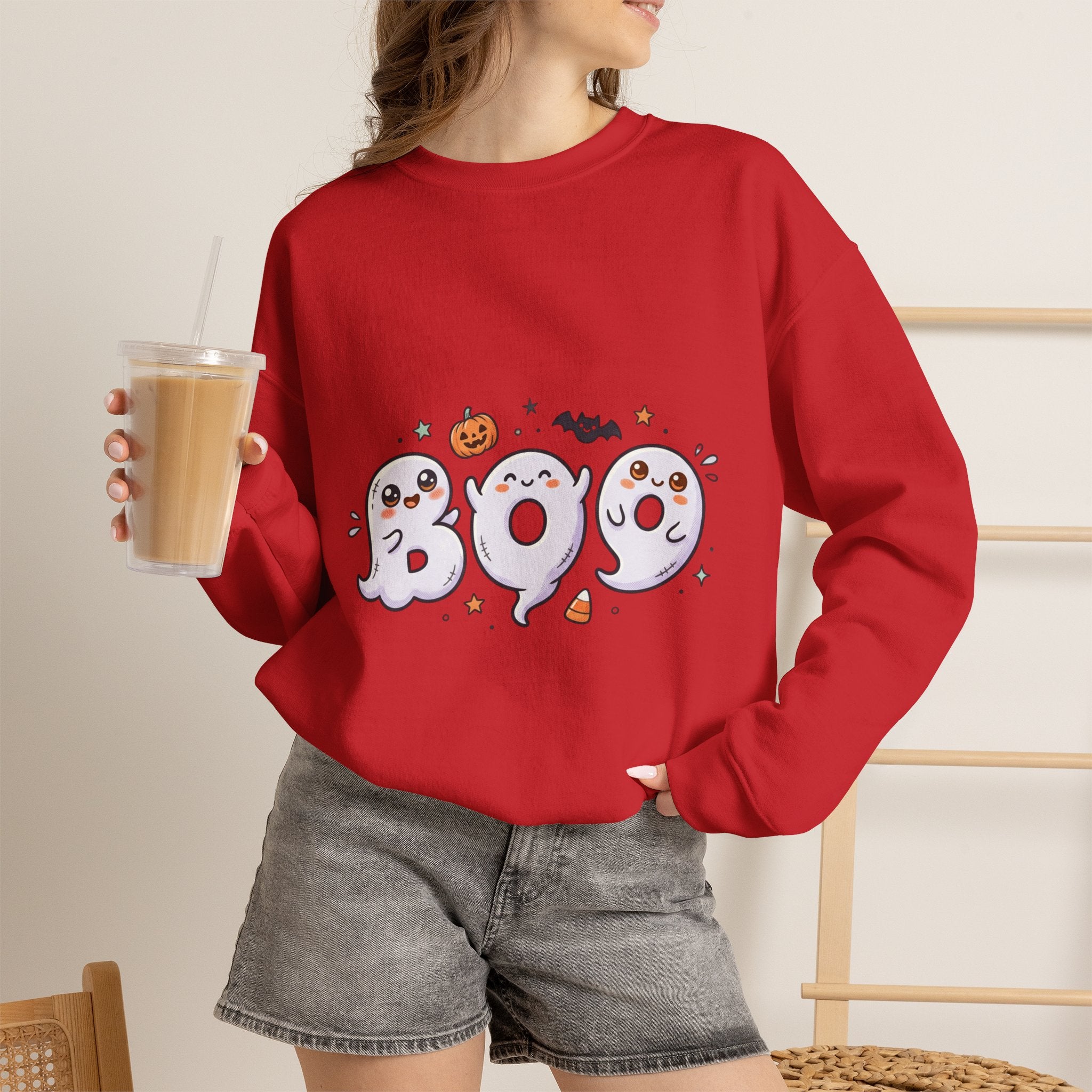 Cute 'BOO' Ghost Halloween Sweatshirt — Cute Spooky Crewneck for Fall