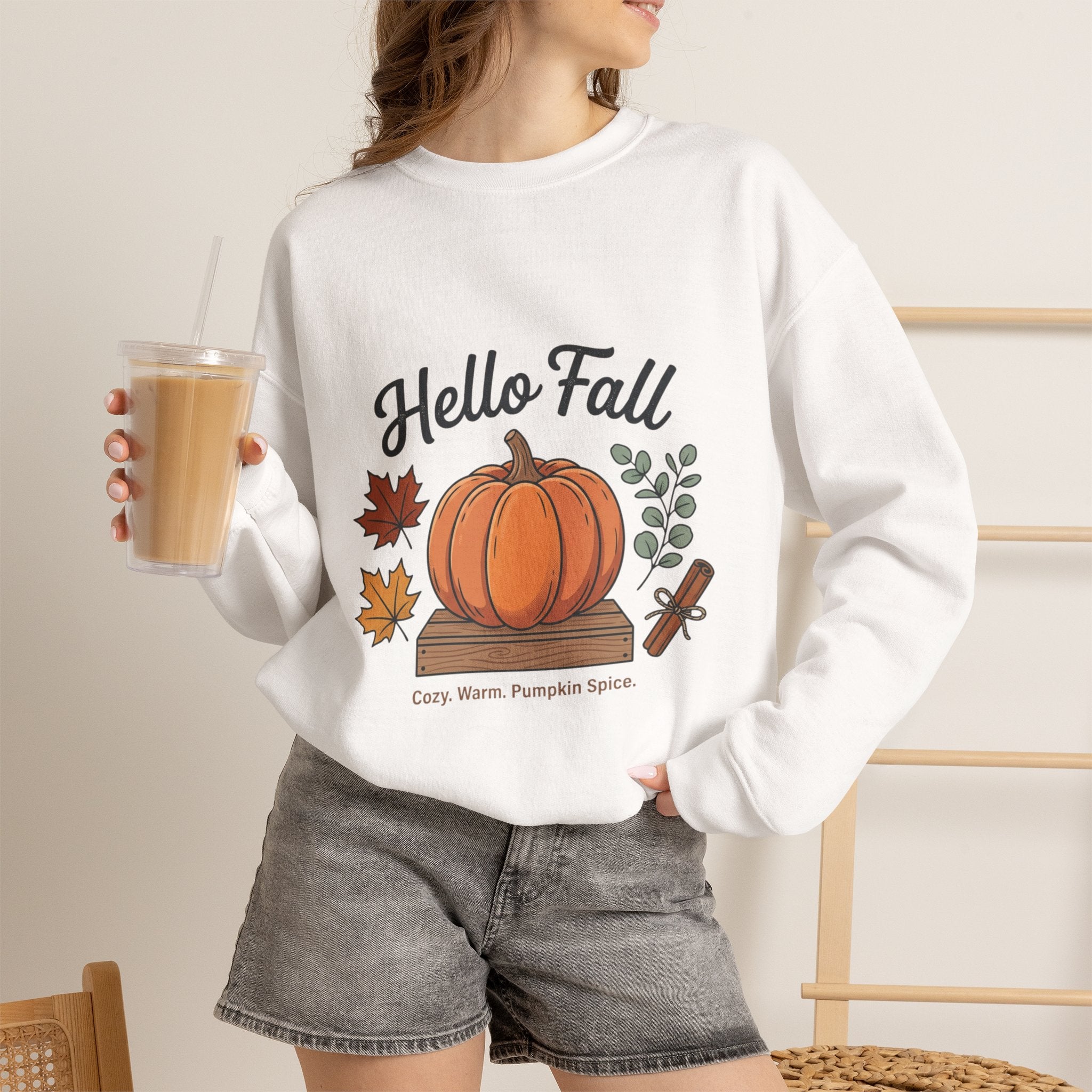 Hello Fall Pumpkin Design Sweatshirt | Autumn Leaves Cinnamon Sticks