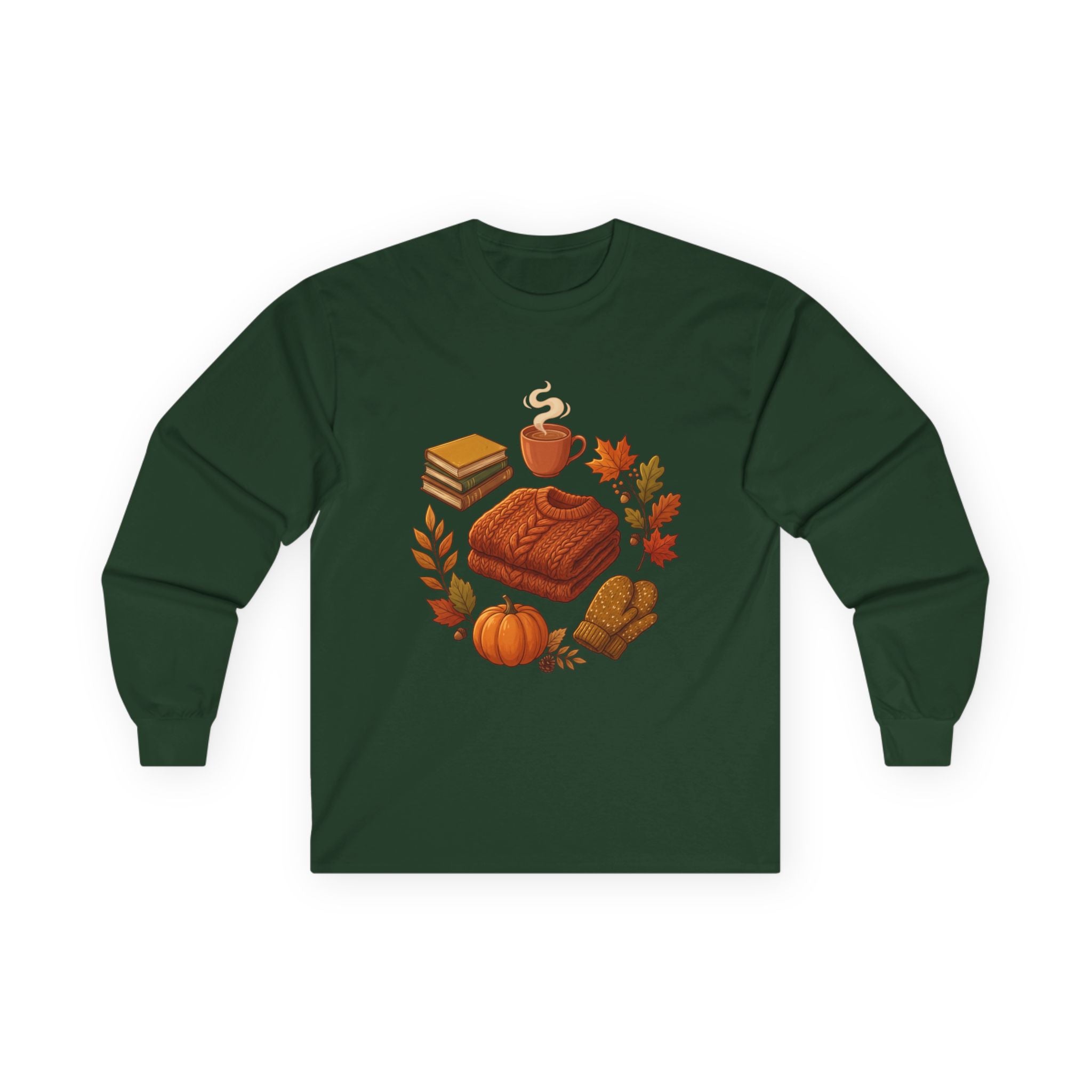 Autumn Cozy Comfort Long Sleeve Tee — Pumpkin, Sweater & Hot Drink Fall Design