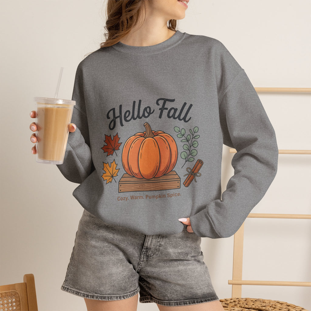 Hello Fall Pumpkin Design Sweatshirt | Autumn Leaves Cinnamon Sticks