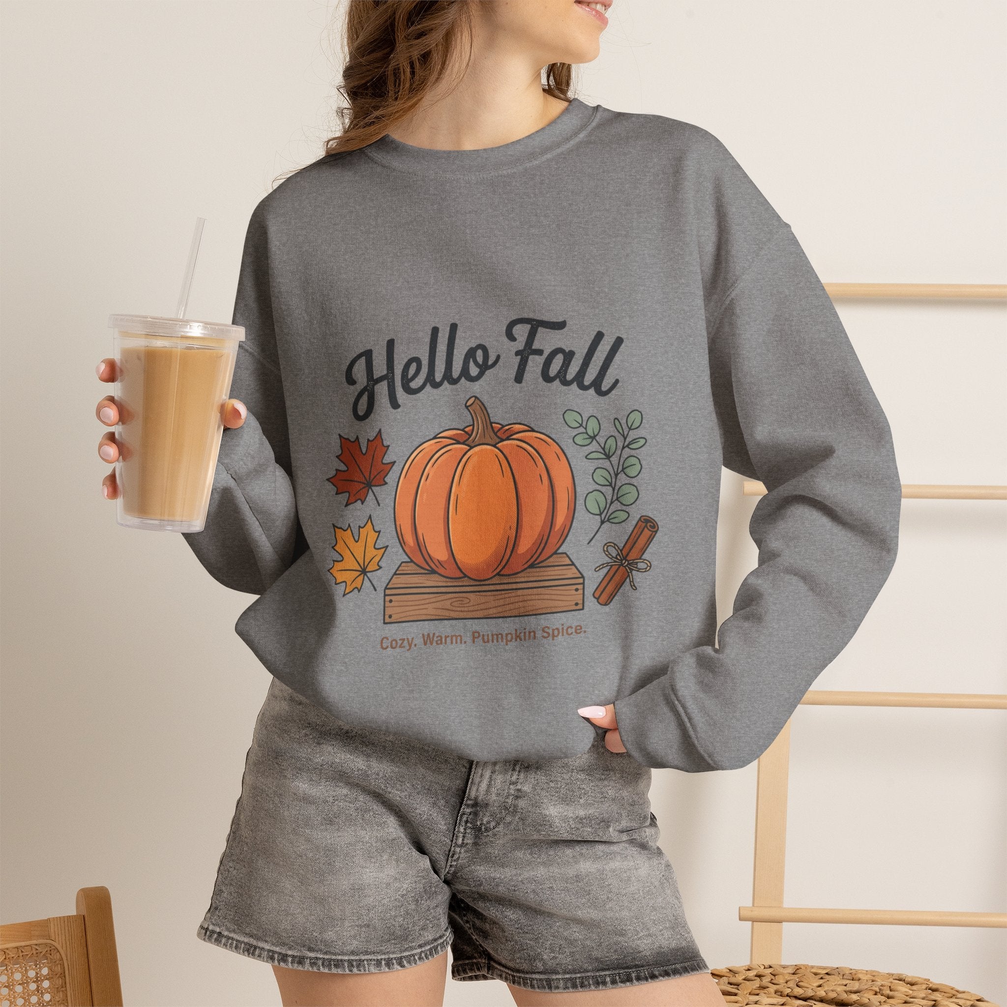 Hello Fall Pumpkin Design Sweatshirt | Autumn Leaves Cinnamon Sticks