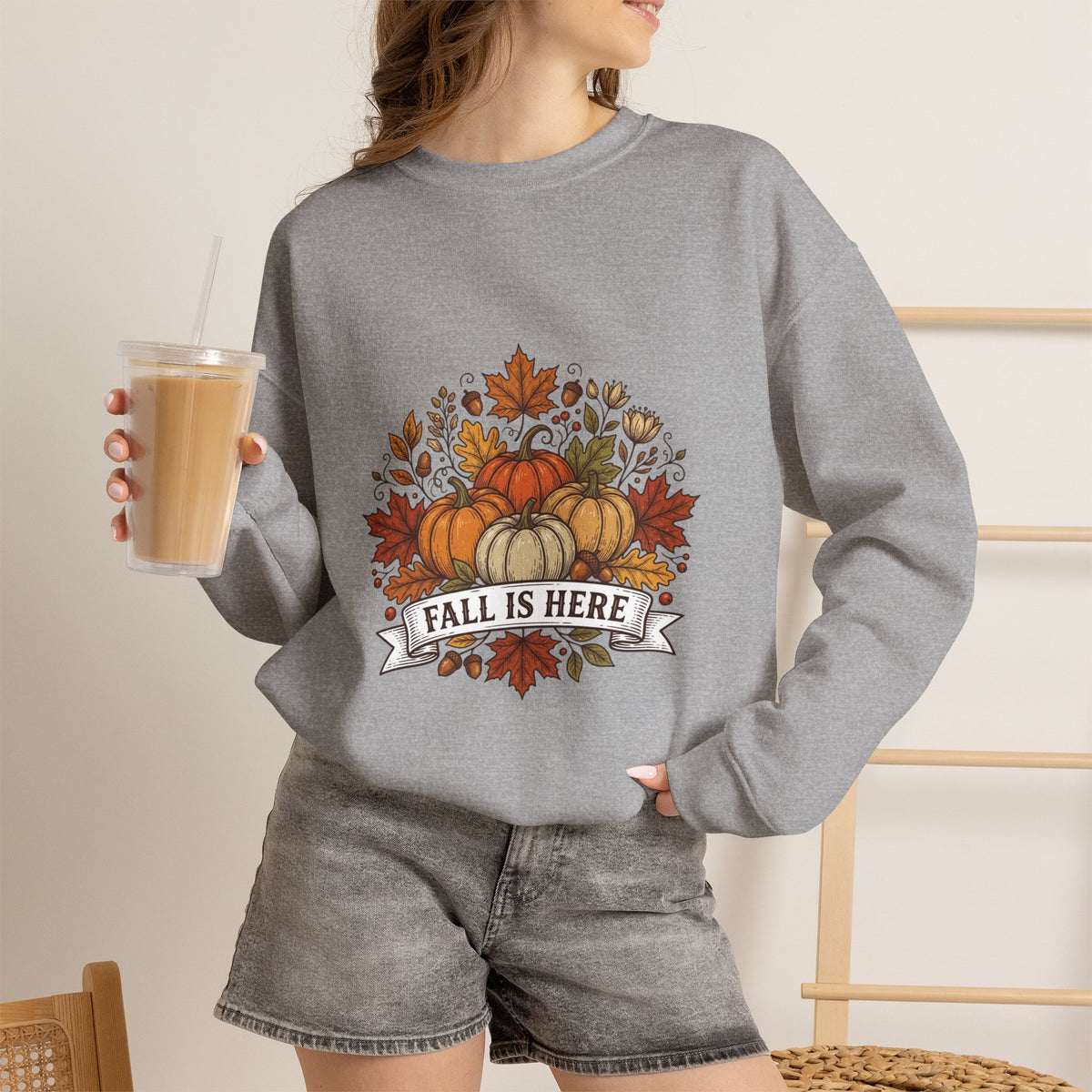 Fall Is Here Sweatshirt — Autumn Pumpkin Leaves Crewneck