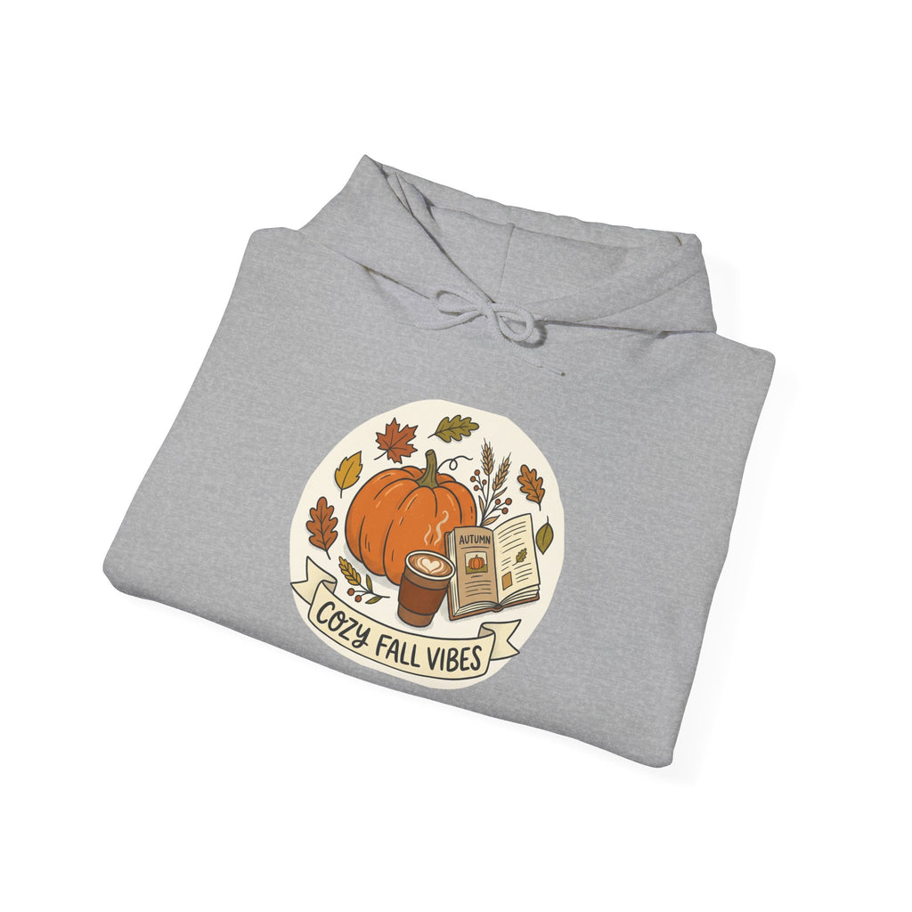 Cozy Fall Vibes Hoodie — Pumpkin, Leaves & Latte Autumn Sweatshirt