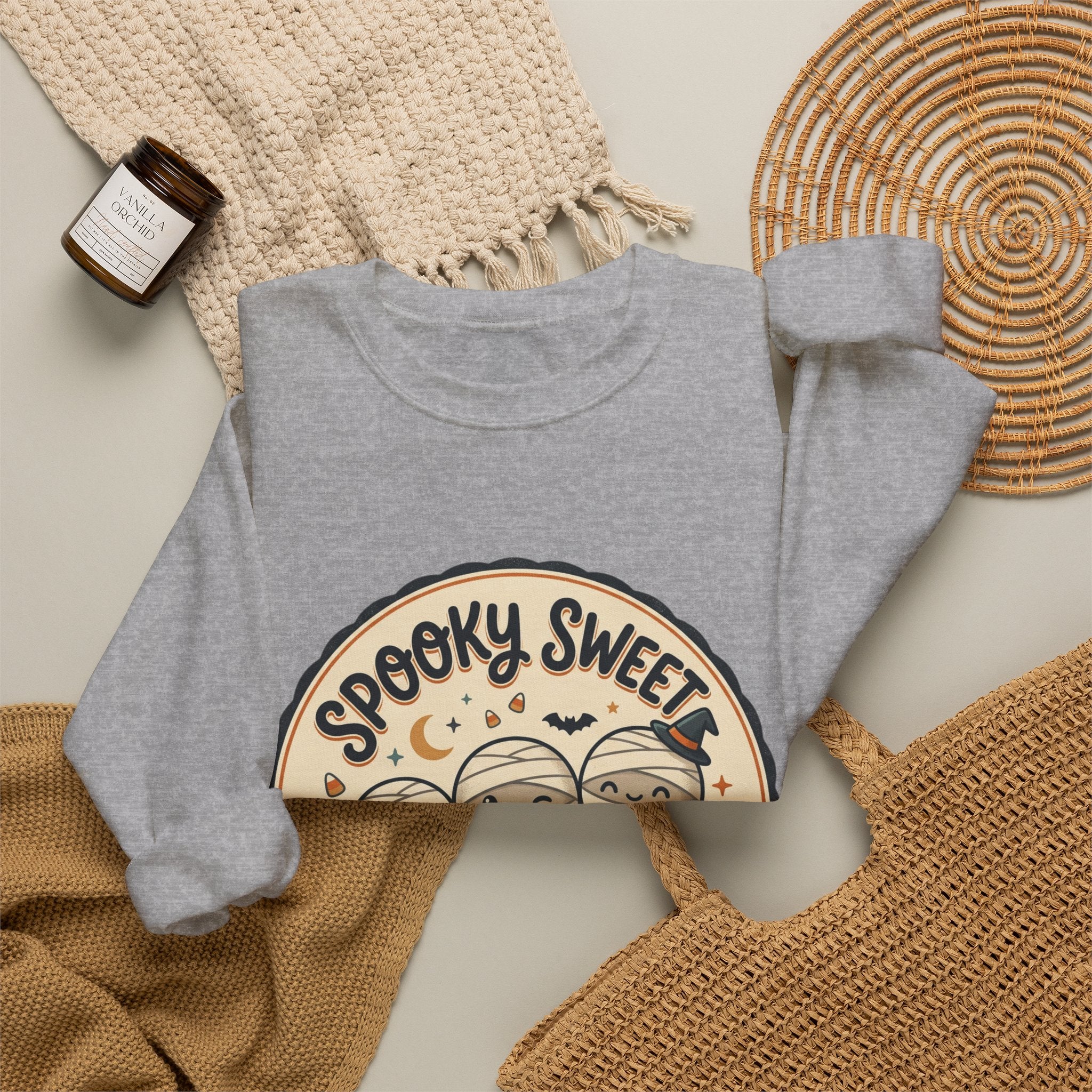 Halloween Sweatshirt — "Spooky Sweet Mummy's Treats" Cute Mummy Candy Crewneck