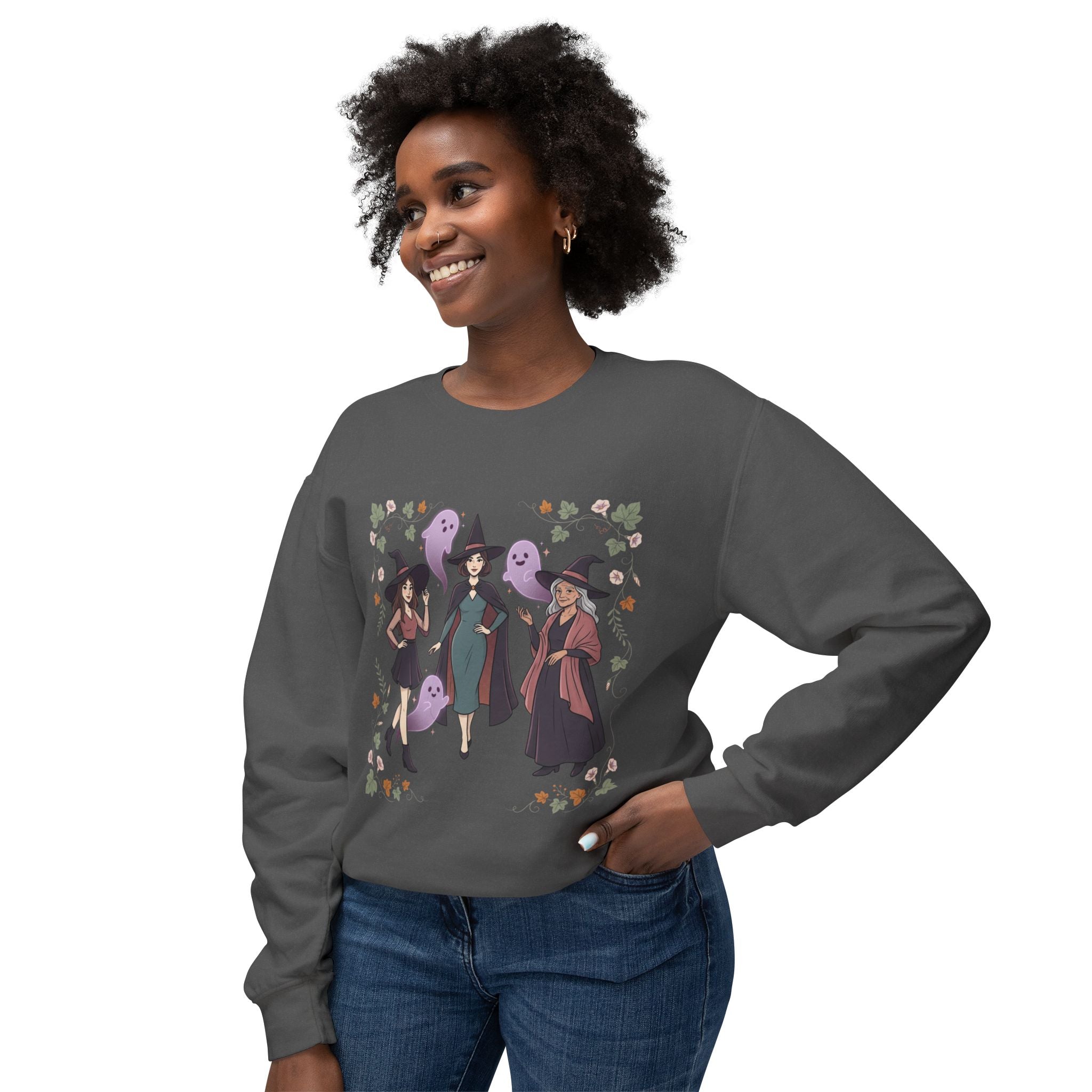 Three Witches with Ghosts Sweatshirt | Halloween Witch Trio, Autumn Leaves