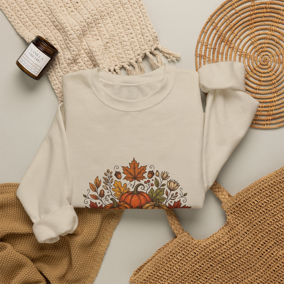 Fall Is Here Sweatshirt — Autumn Pumpkin Leaves Crewneck