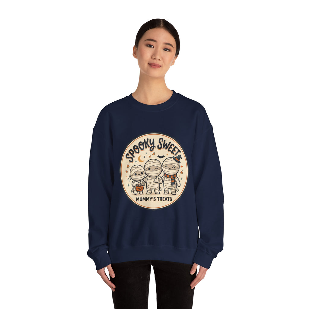Halloween Sweatshirt — "Spooky Sweet Mummy's Treats" Cute Mummy Candy Crewneck