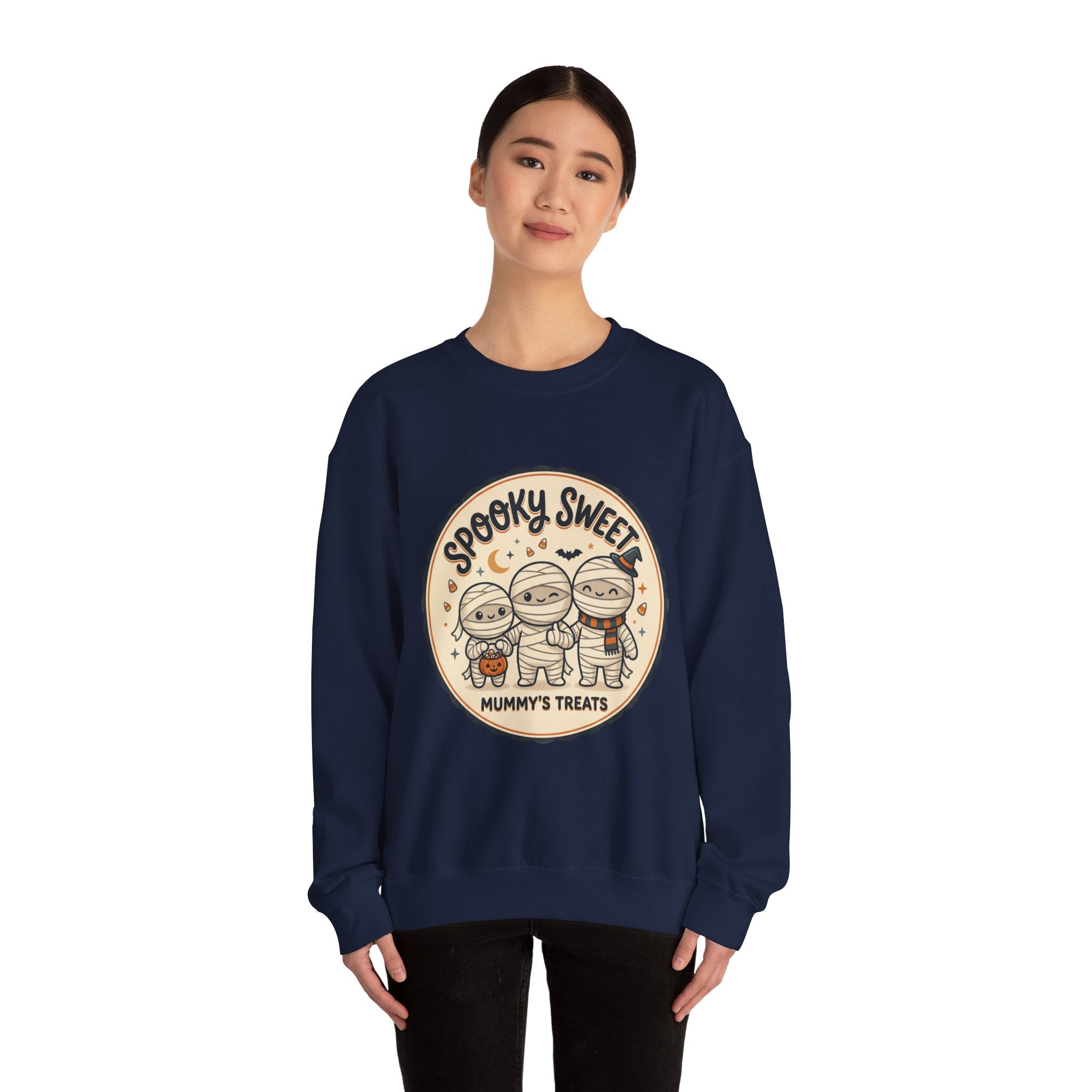 Halloween Sweatshirt — "Spooky Sweet Mummy's Treats" Cute Mummy Candy Crewneck