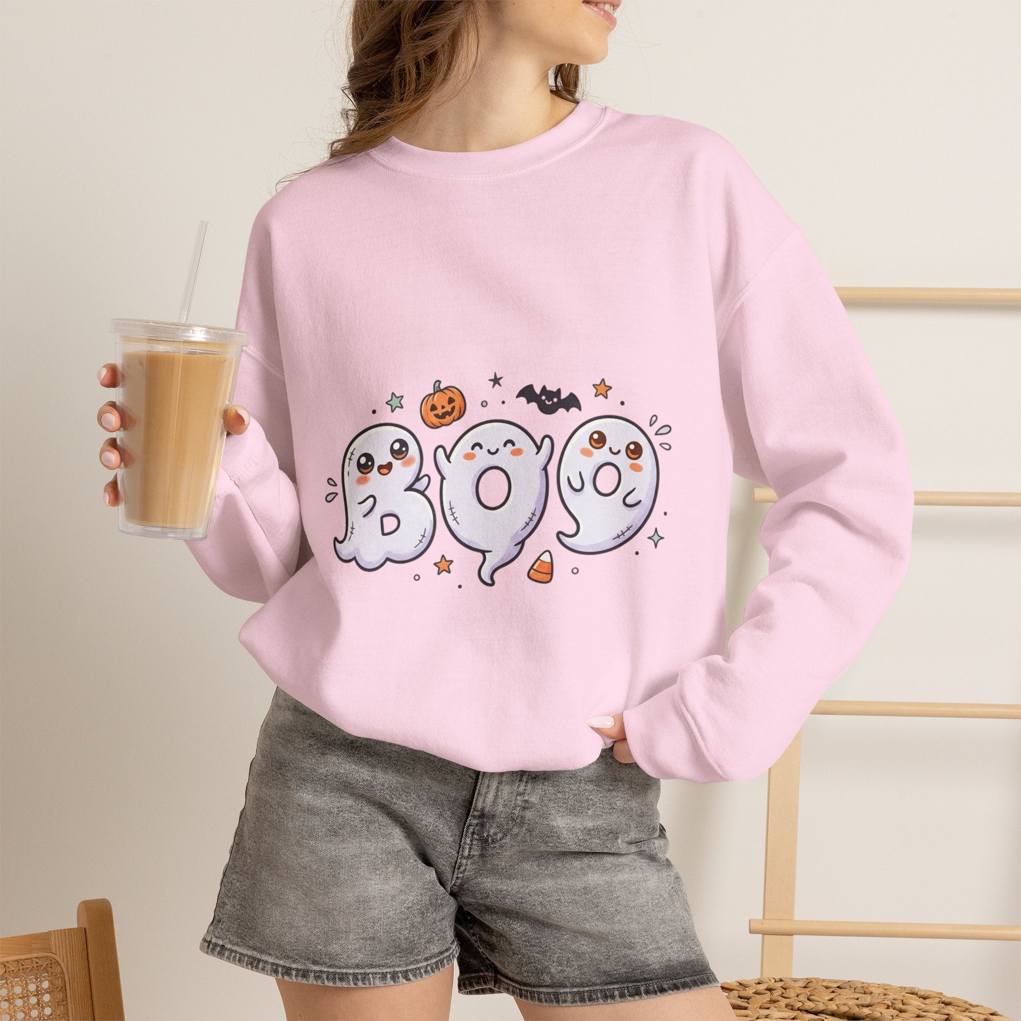 Cute 'BOO' Ghost Halloween Sweatshirt — Cute Spooky Crewneck for Fall