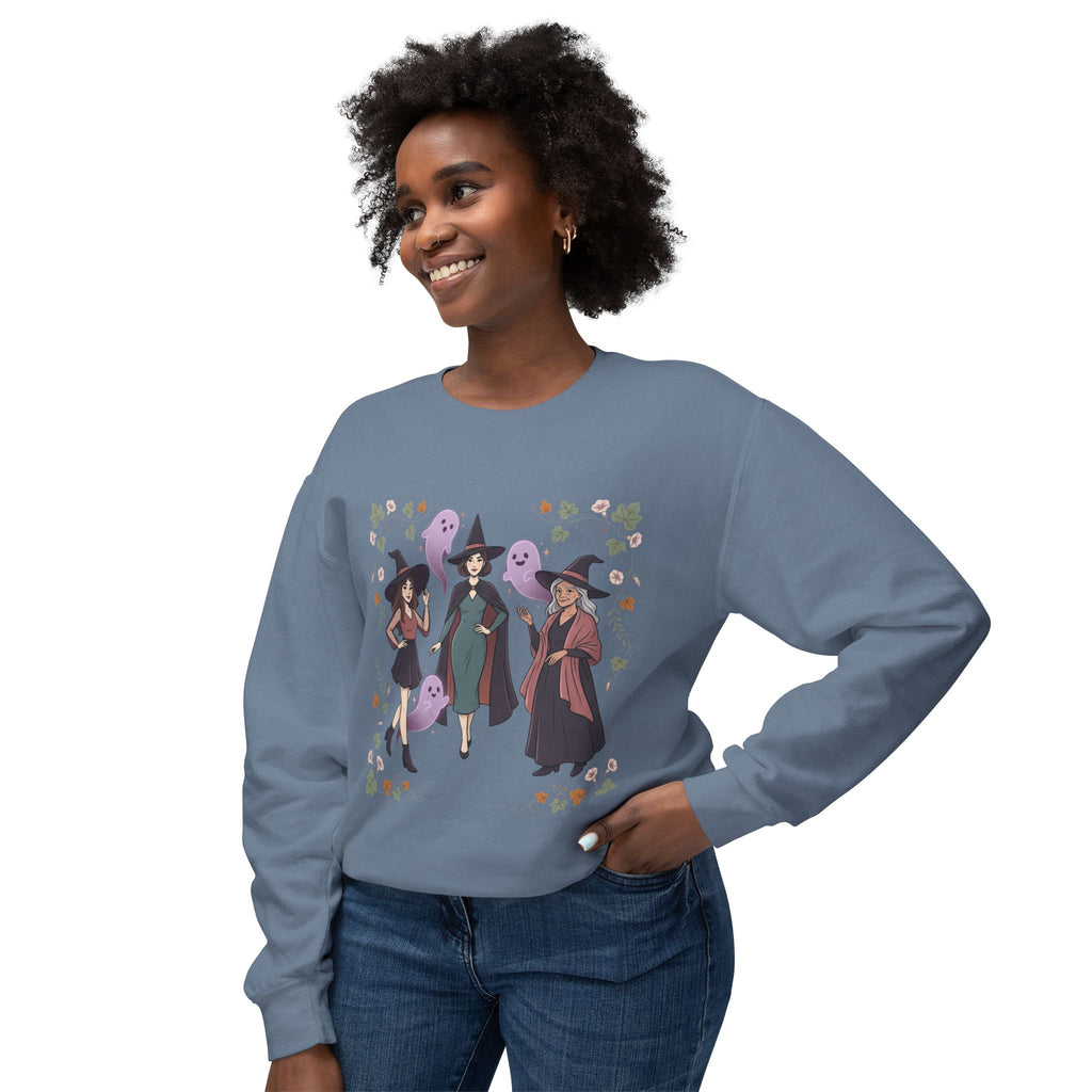Three Witches with Ghosts Sweatshirt | Halloween Witch Trio, Autumn Leaves