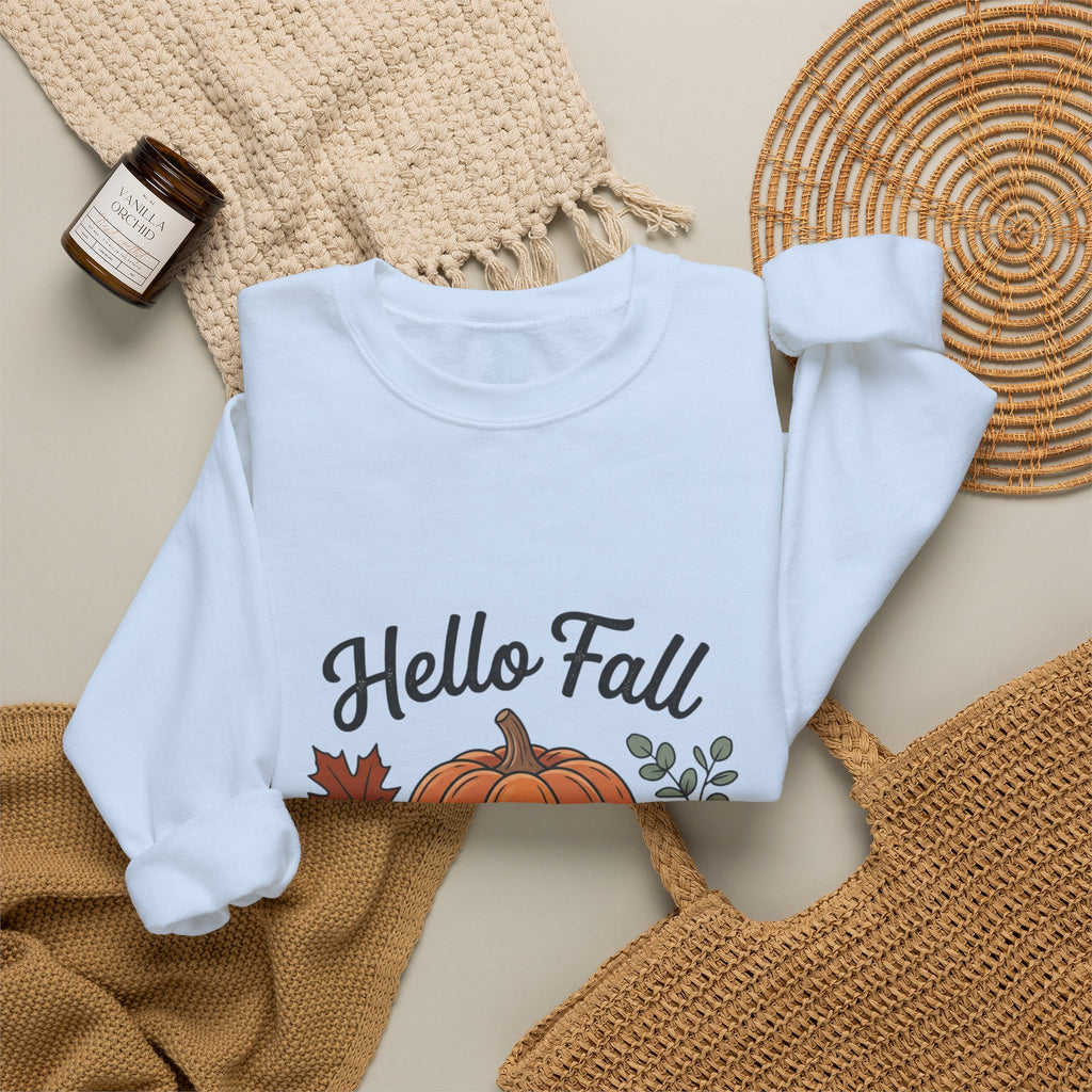 Hello Fall Pumpkin Design Sweatshirt | Autumn Leaves Cinnamon Sticks