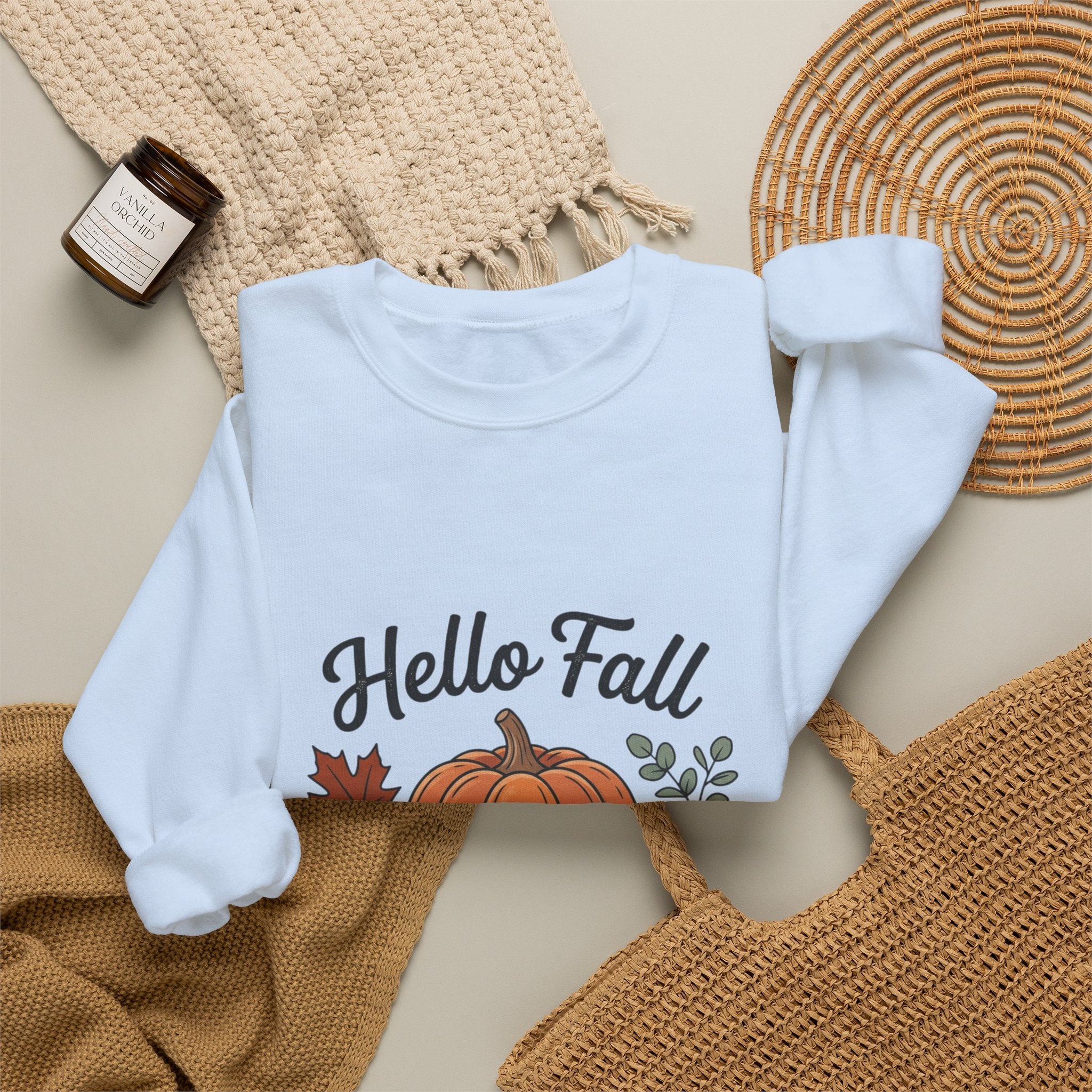 Hello Fall Pumpkin Design Sweatshirt | Autumn Leaves Cinnamon Sticks