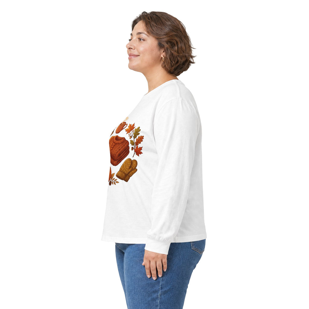 Autumn Cozy Comfort Long Sleeve Tee — Pumpkin, Sweater & Hot Drink Fall Design