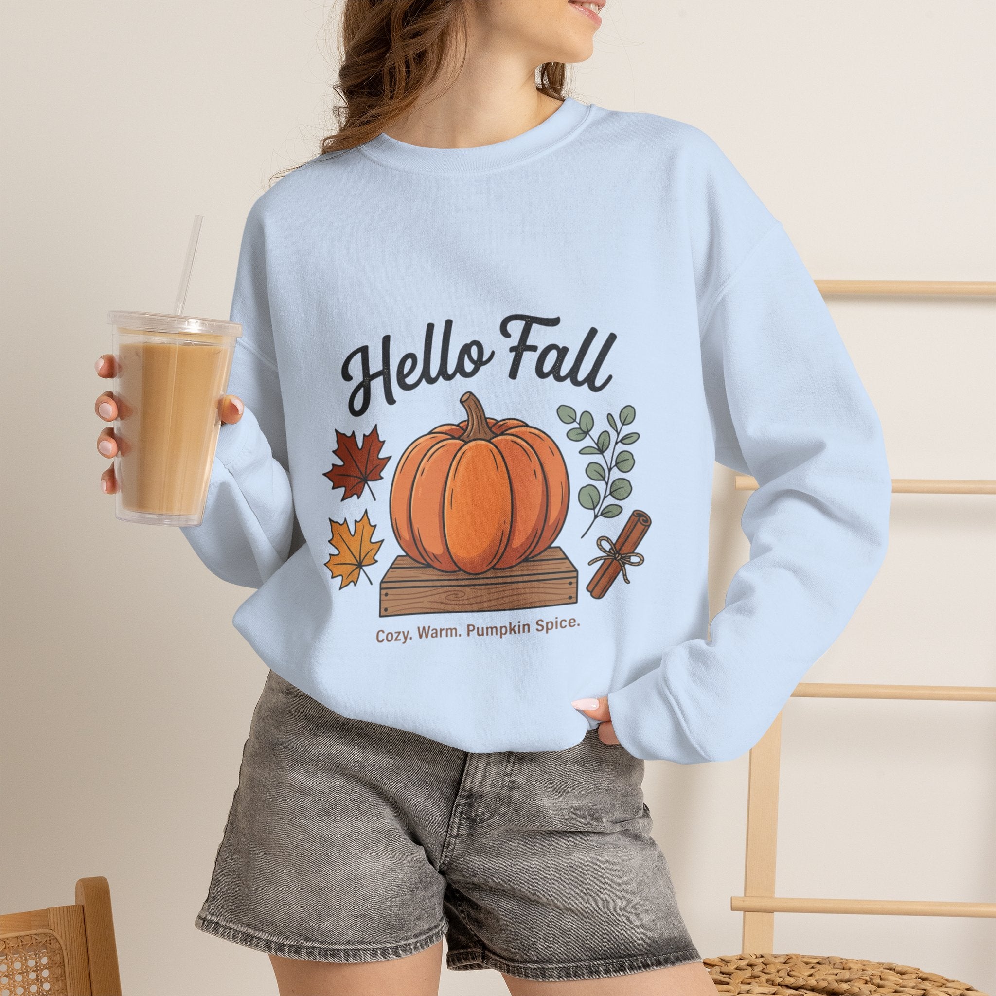 Hello Fall Pumpkin Design Sweatshirt | Autumn Leaves Cinnamon Sticks