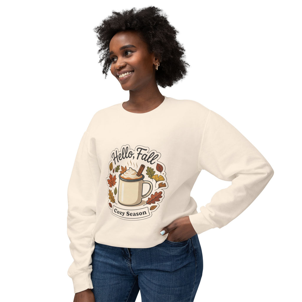 Hello Fall Cozy Season mug illustration Sweatshirt | Autumn leaves, pumpkin spice