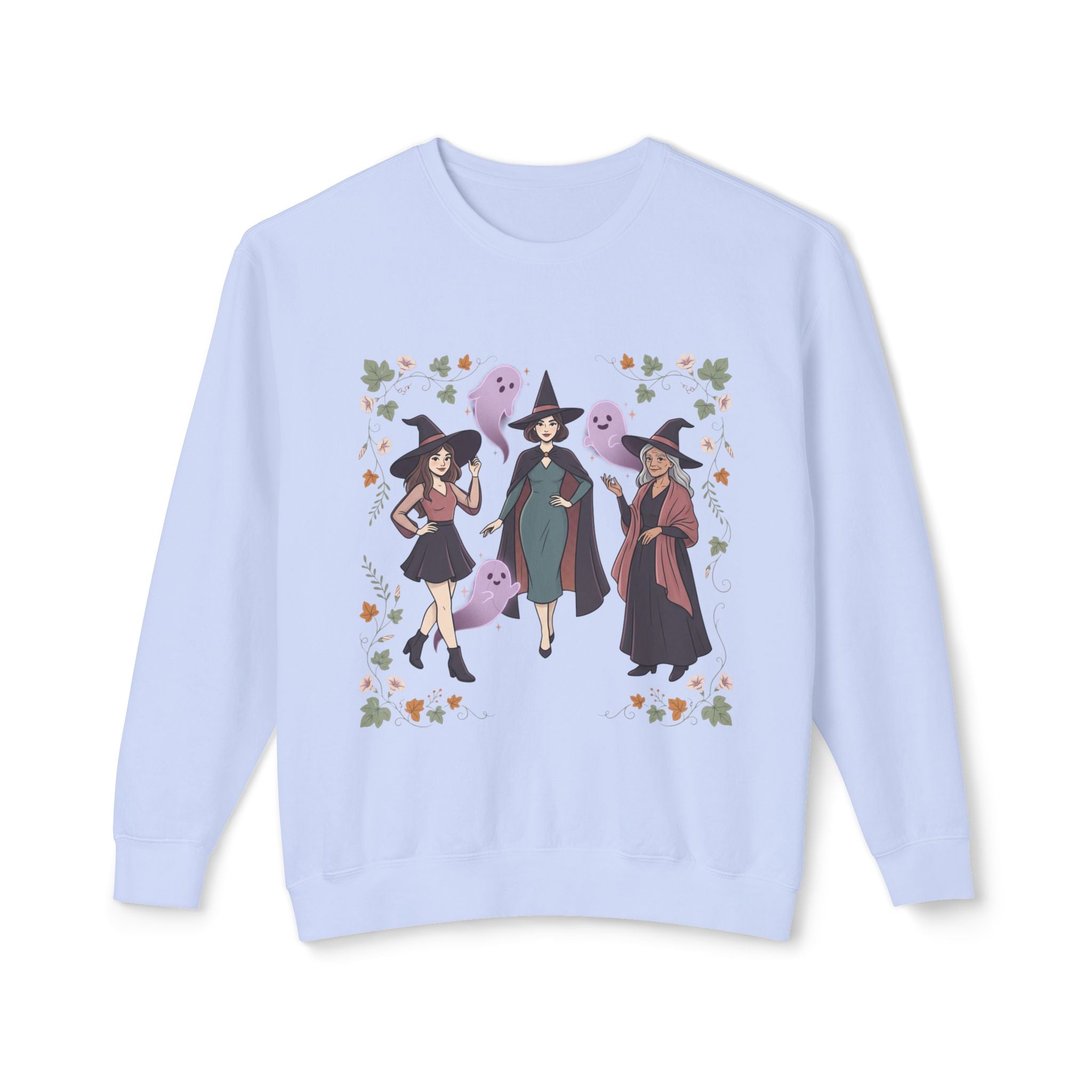 Three Witches with Ghosts Sweatshirt | Halloween Witch Trio, Autumn Leaves