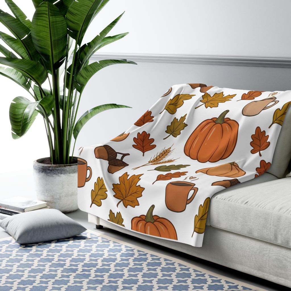 Autumn Pumpkins Leaves Coffee Pattern Sherpa Fleece Blanket