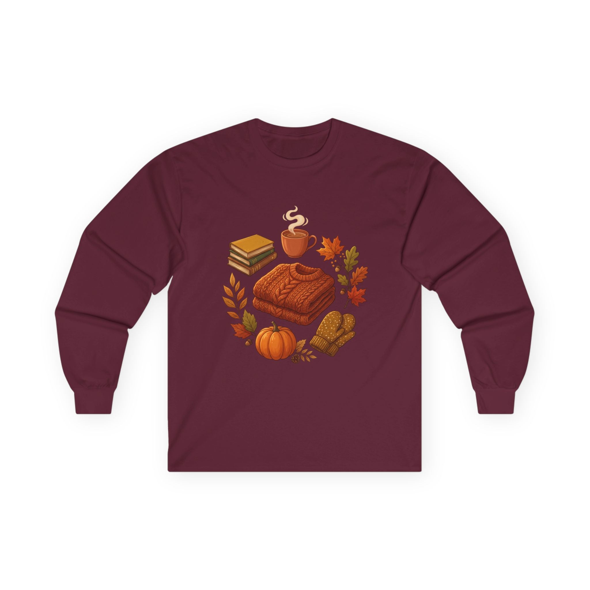 Autumn Cozy Comfort Long Sleeve Tee — Pumpkin, Sweater & Hot Drink Fall Design