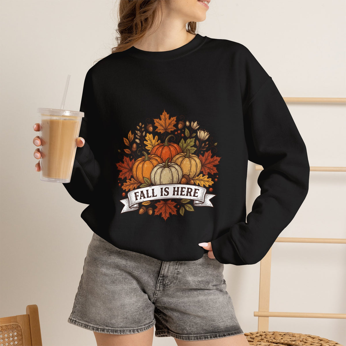 Fall Is Here Sweatshirt — Autumn Pumpkin Leaves Crewneck