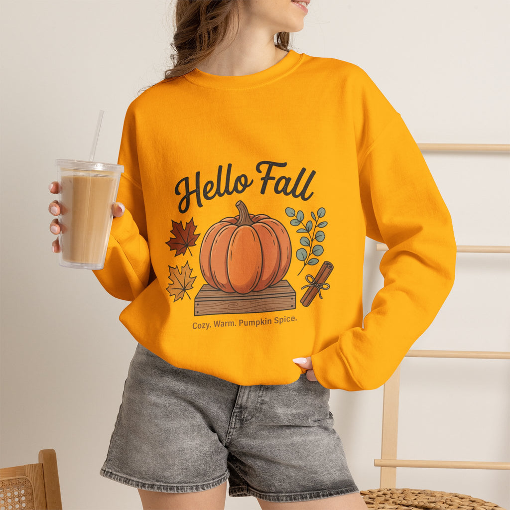 Hello Fall Pumpkin Design Sweatshirt | Autumn Leaves Cinnamon Sticks