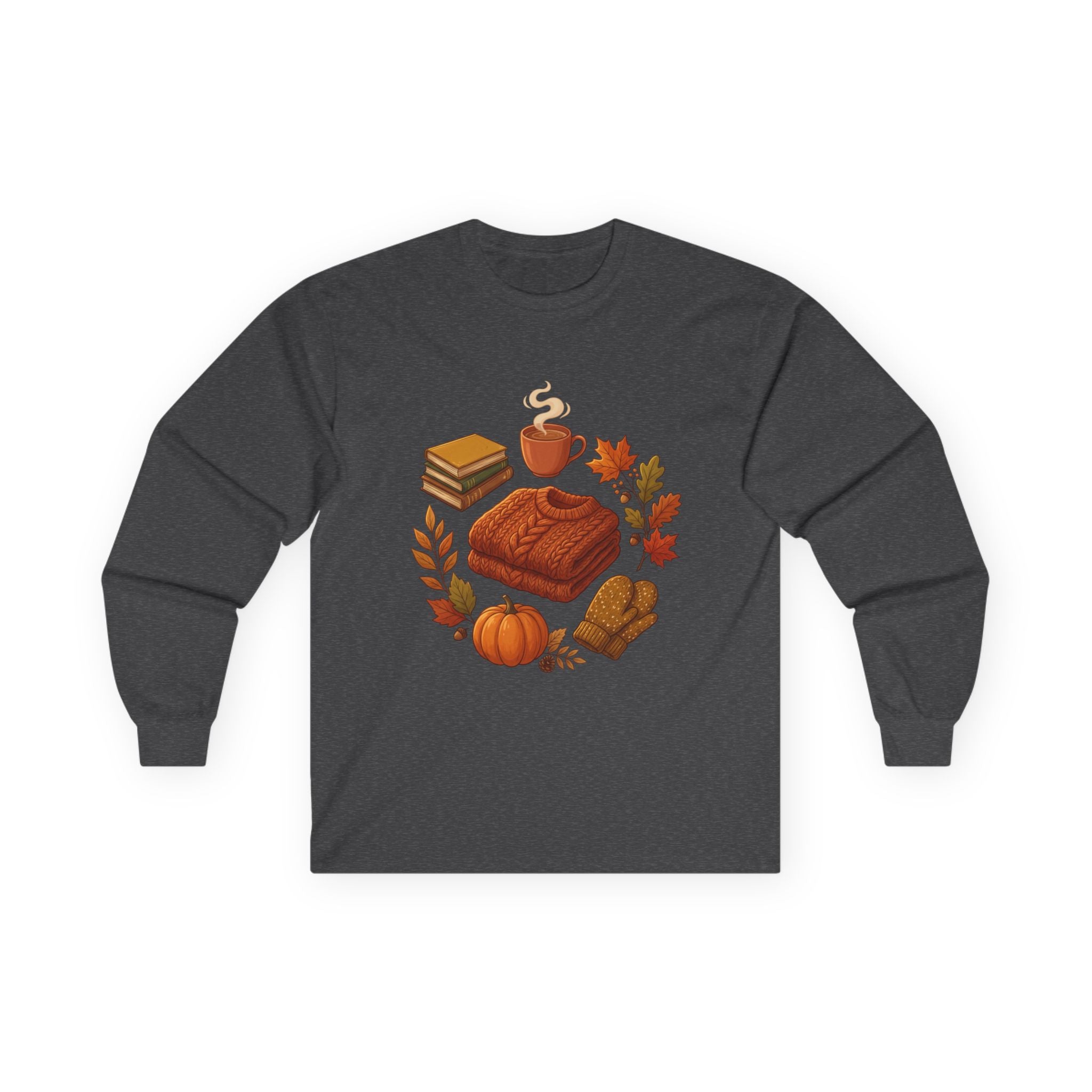 Autumn Cozy Comfort Long Sleeve Tee — Pumpkin, Sweater & Hot Drink Fall Design