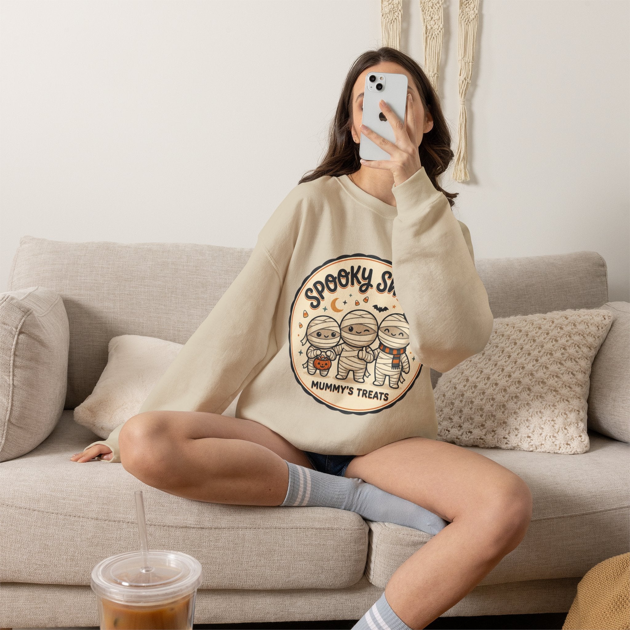 Halloween Sweatshirt — "Spooky Sweet Mummy's Treats" Cute Mummy Candy Crewneck