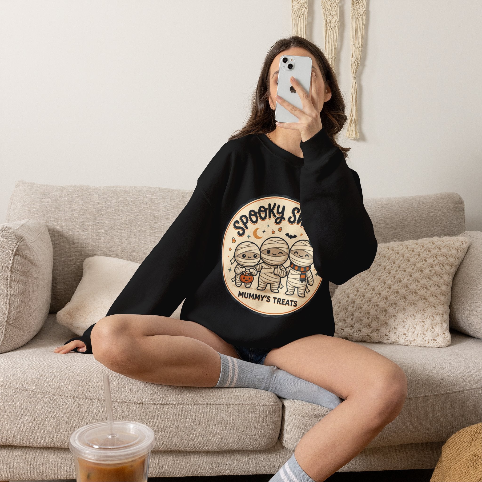 Halloween Sweatshirt — "Spooky Sweet Mummy's Treats" Cute Mummy Candy Crewneck